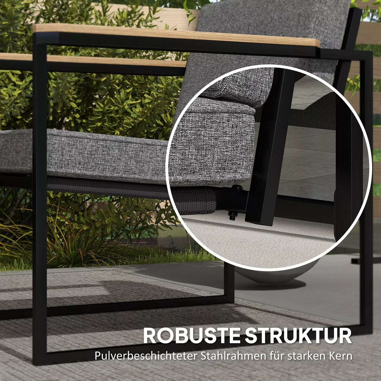 Atsparus oro sąlygoms sodo baldų komplektas 4 asmenims: balkono baldų komplektas su 2 vietų sofa, 2 kėdėmis, sėdynių pagalvėlėmis, staliuku, pilkos spalvos