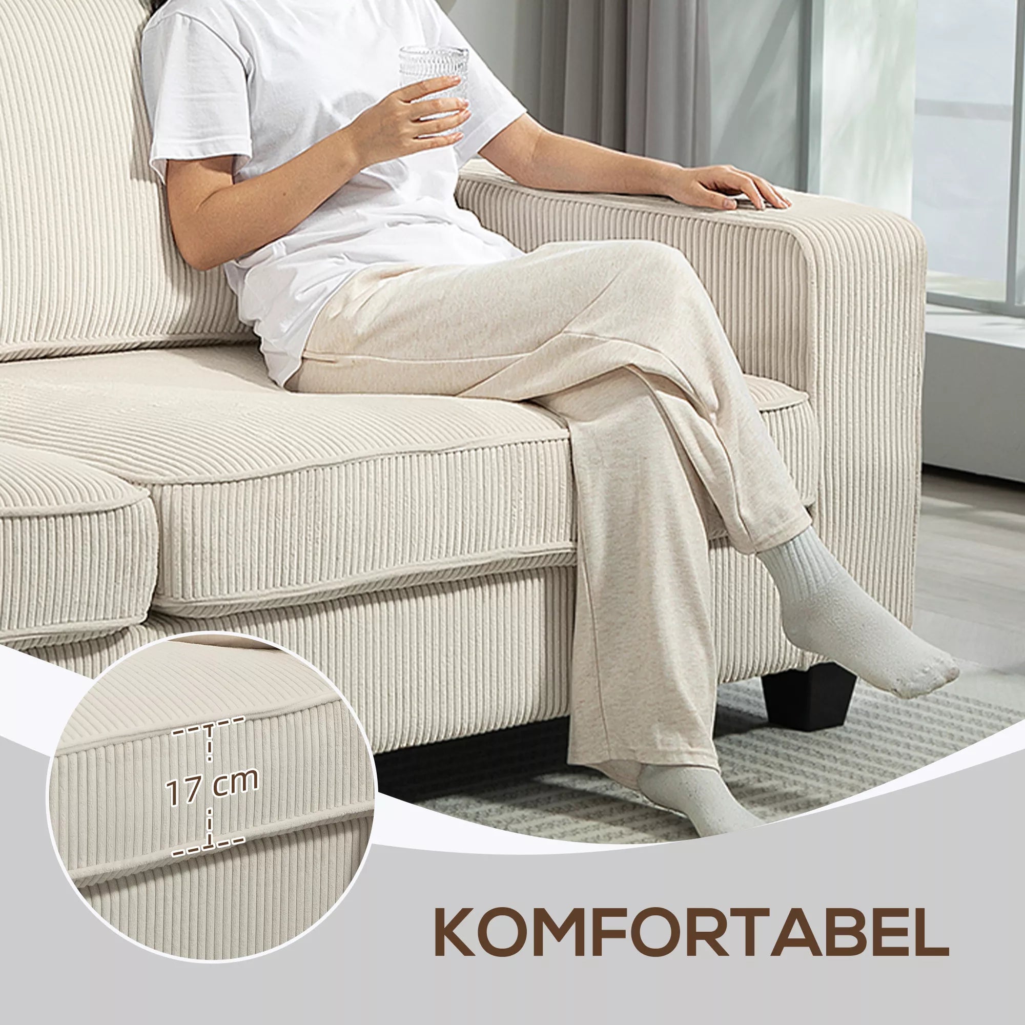 3 vietų sofa su velveto apmušalu, svetainės sofa su spyruokliniu pagrindu, iki 400 kg, 227 x 84 x 87 cm, kreminė balta
