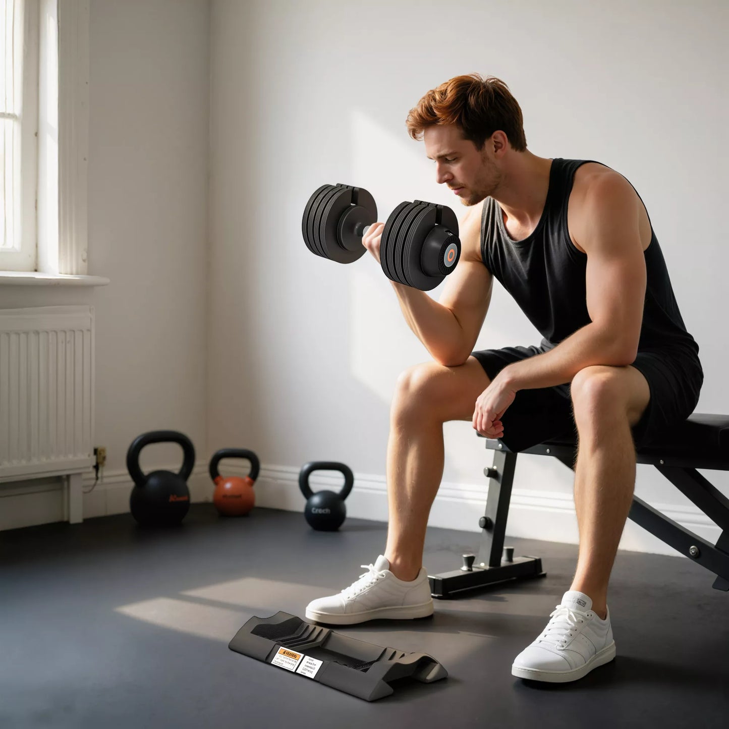 Reguliuojama pavienė hantelė, 7/13/18/24 kg, su laikymo padėklu, su neslystančiomis rankenomis, juoda