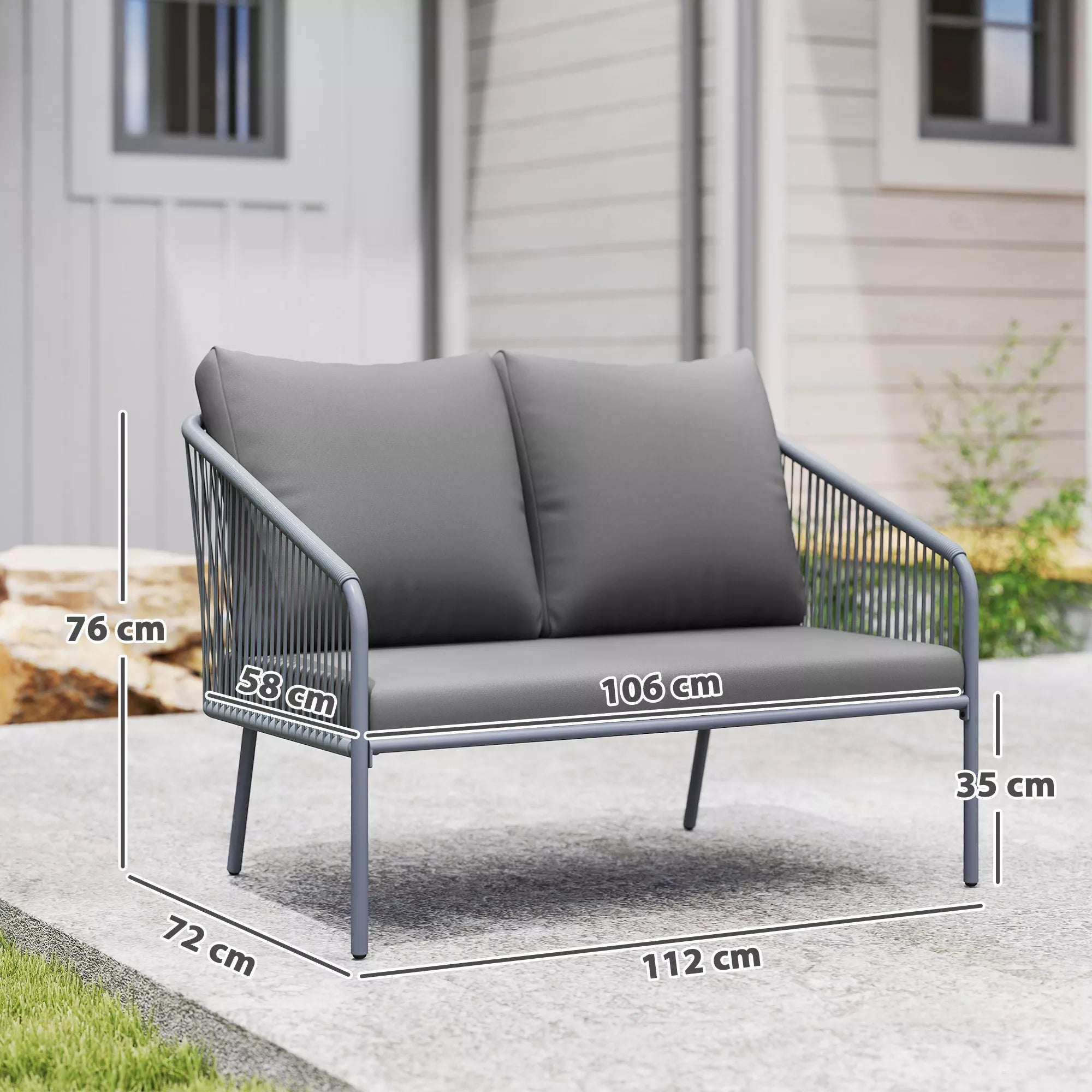 Sodo sofa su pagalvėlėmis 2-vietė rotango sofa Poilsio sofa Lauko balkono sofa 112 x 72 x 76 cm Pilka