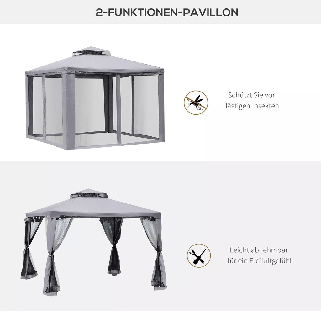 Paviljonas su dvigubu stogu, 3x2 m, atsparus vandeniui, stabilus, atsparus žiemai, su moskitine tinklele, šoninėmis dalimis, metalinis sodo paviljonas, skirtas sodui, terasai, šviesiai pilkos spalvos.
