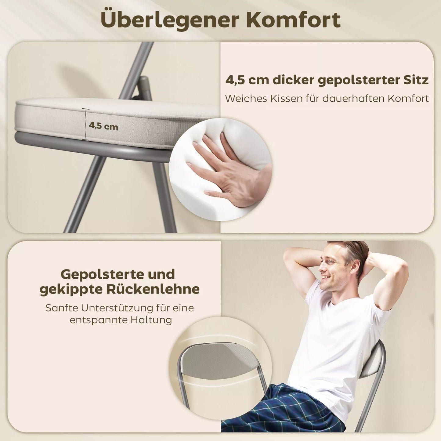 4 vnt. minkštų sulankstomų kėdžių komplektas, sulankstomos kėdės su kordiniu užvalkalu, atlošu, metaliniu rėmu, kreminės baltos