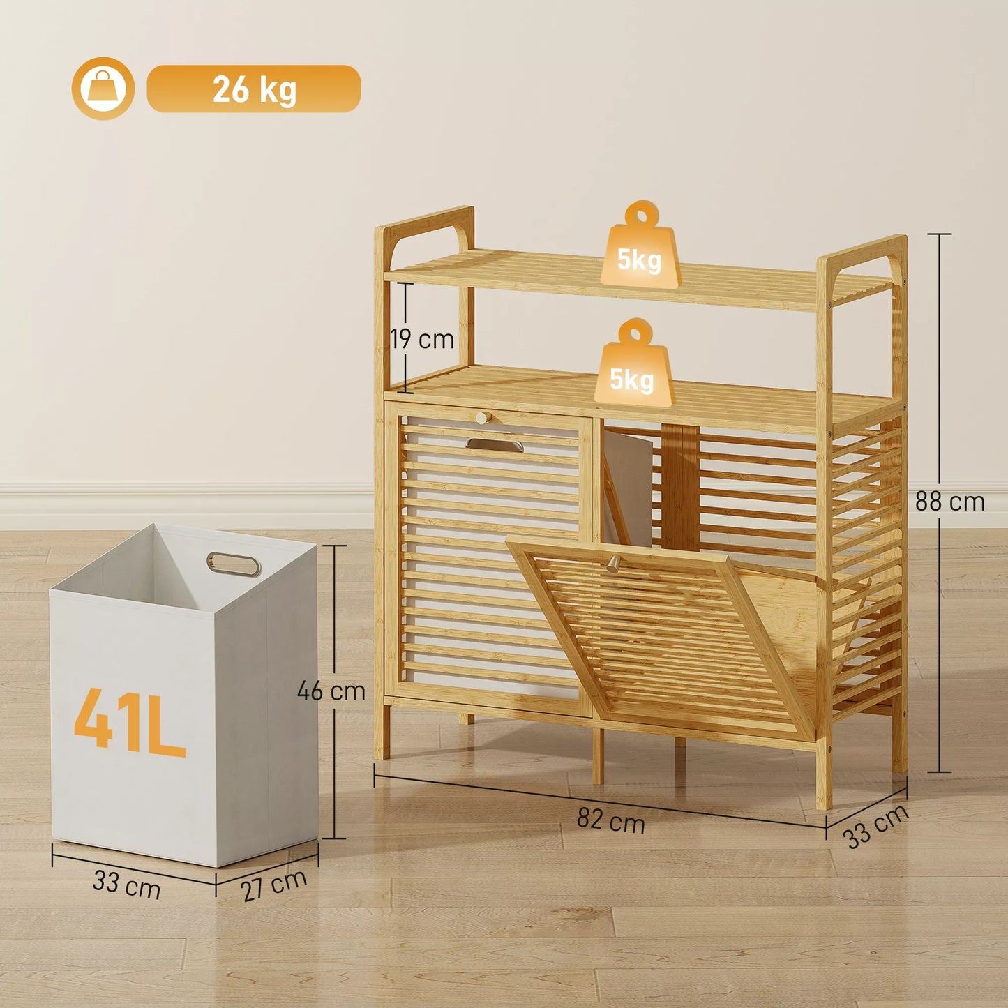 Laisvai pastatoma bambukinė skalbinių lentyna su 2 krepšiais, skirta vonios kambariui, skalbyklai, natūrali mediena + kreminė balta