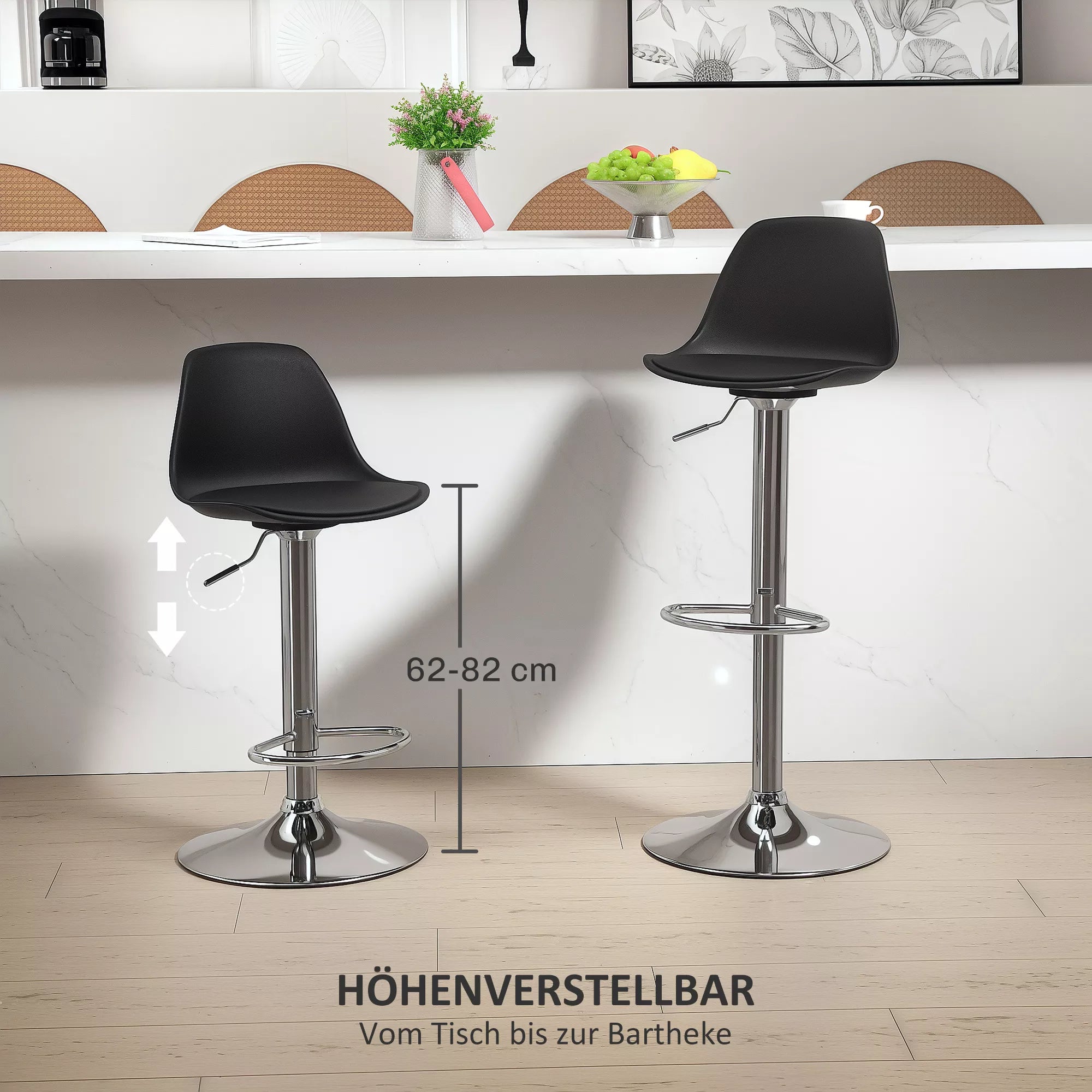 2 vnt. baro kėdžių rinkinys, baro kėdės, sukamosios kėdės su atlošu, reguliuojamo aukščio, atlaiko iki 120 kg, 42 x 41 x 82–104 cm, juodos spalvos