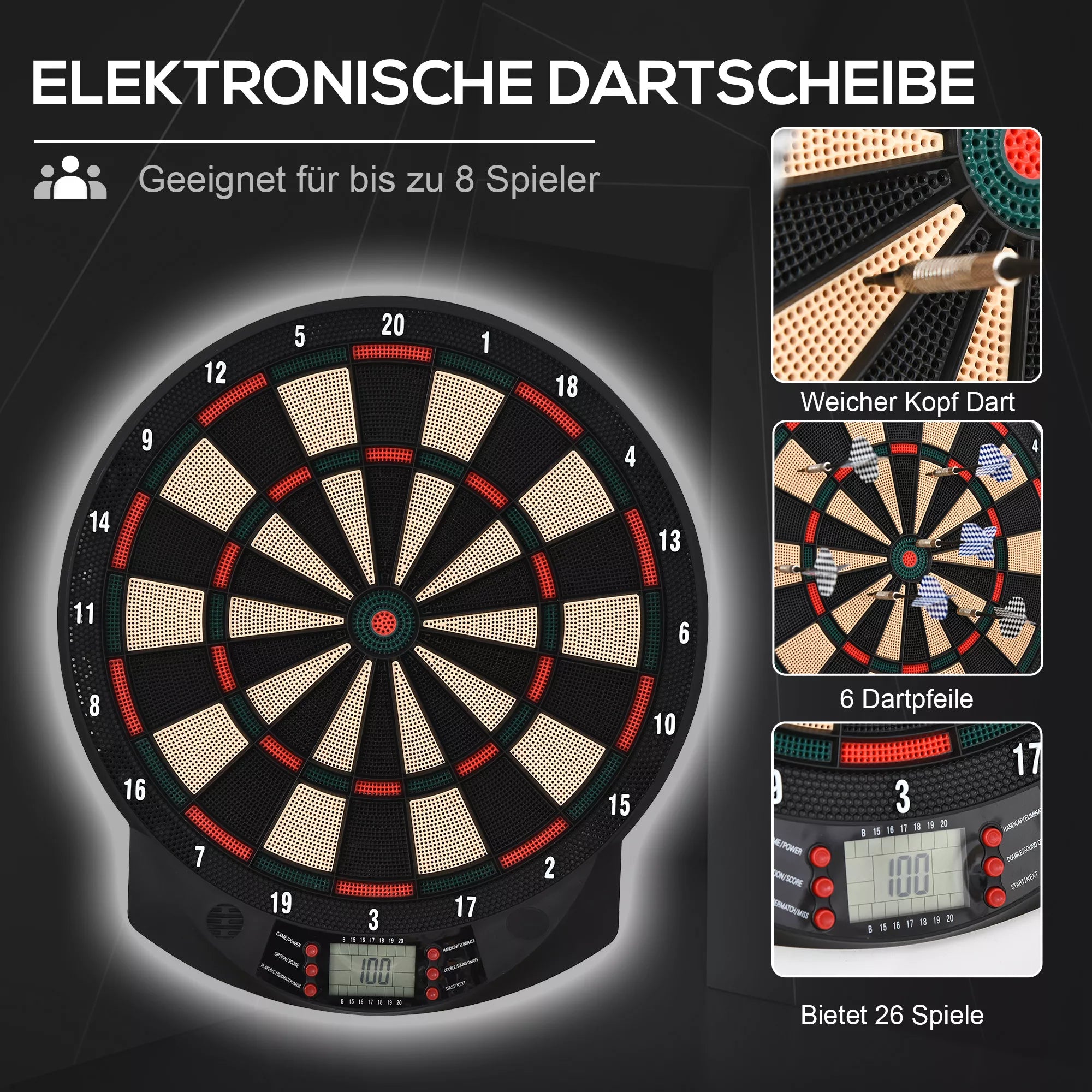 Elektroninis dartų taikinys su automatiniu taškų skaičiavimu Dartboard Dart-set su 6 dartais 30 dartų galvutėmis 26 žaidimais ir 185 taškų variantais 8 žaidėjams Garso efektai Juodas 44 x 39,5 x 2,2 cm