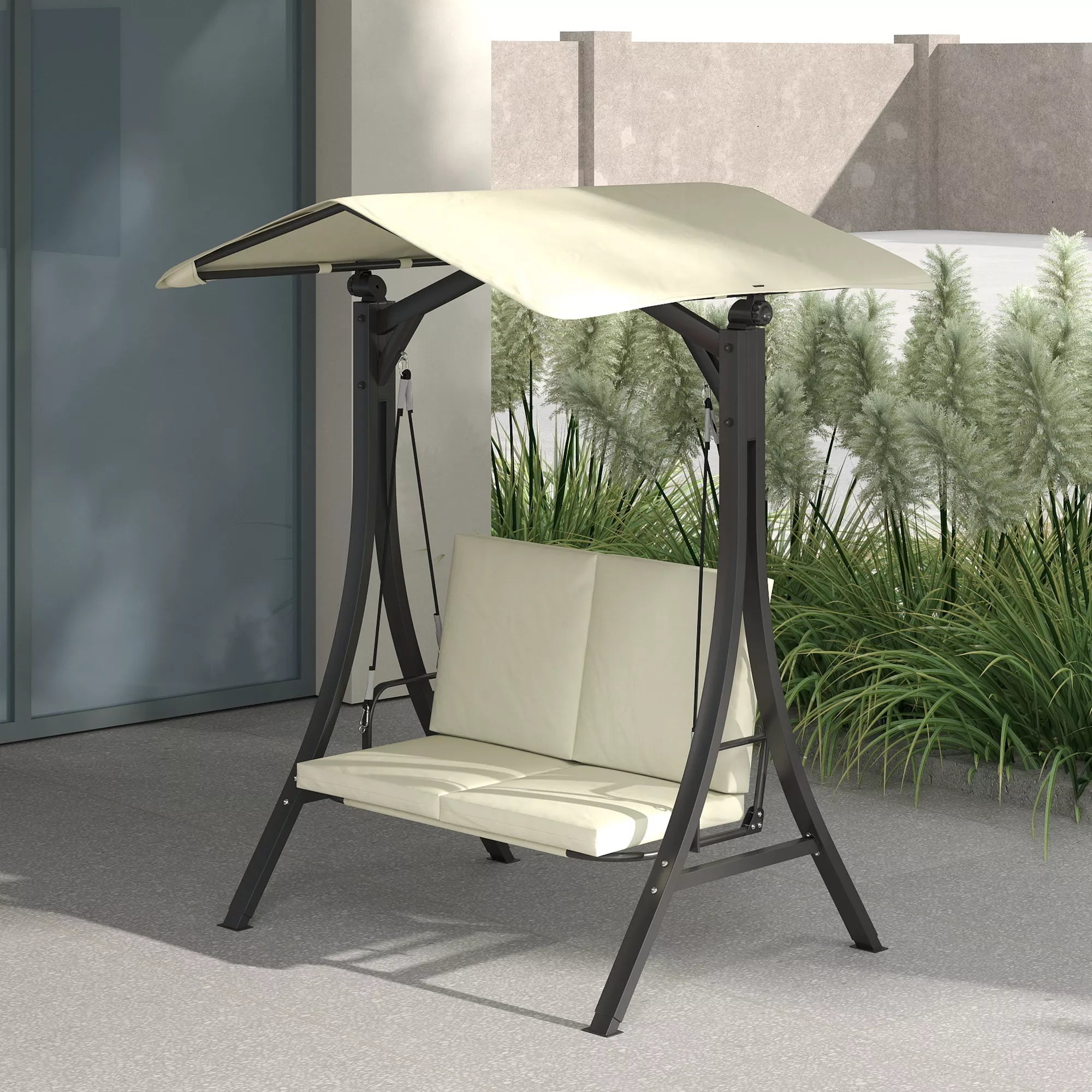 Lauko, sodo  sūpynės su reguliuojamu saulės stogu, sėdimoji dalis, 2 vietos, iki 220 kg, 150 x 120 x 182 cm, kreminė balta