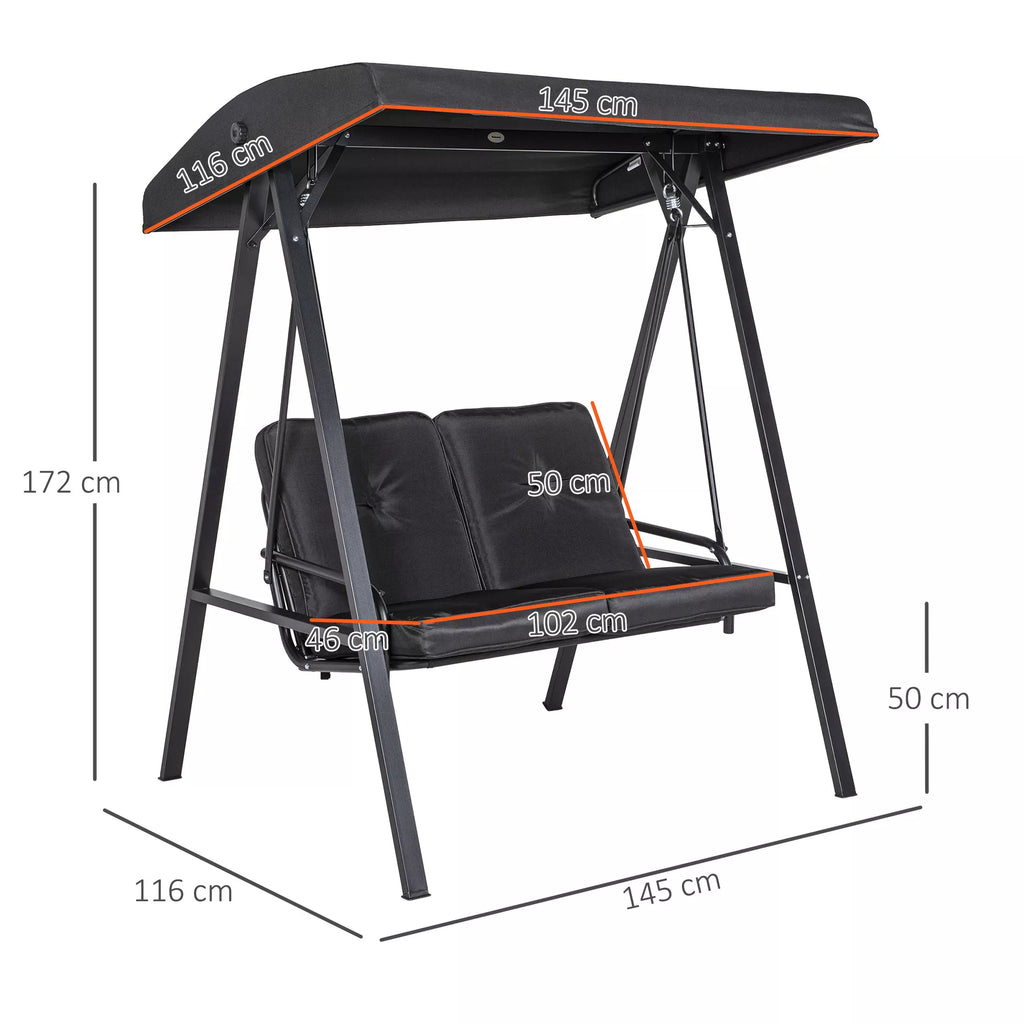Holivudo sūpynės, 2 vietos sodo sūpynės su reguliuojamu stogu, atlaiko iki 220 kg svorį, 145 x 116 x 172 cm, juodos spalvos