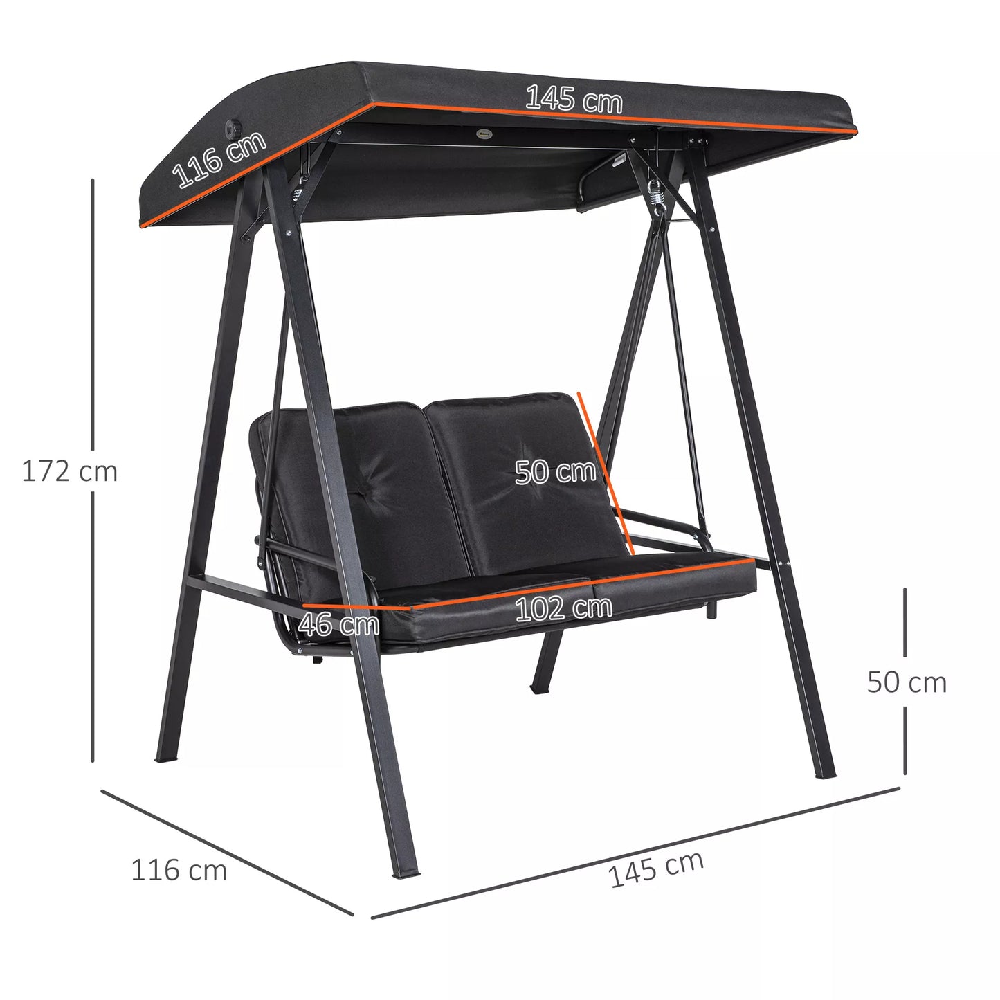 Holivudo sūpynės, 2 vietos sodo sūpynės su reguliuojamu stogu, atlaiko iki 220 kg svorį, 145 x 116 x 172 cm, juodos spalvos