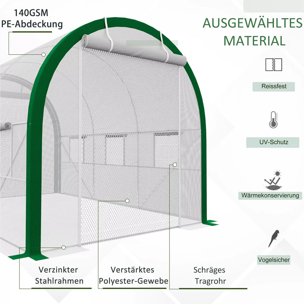 Tunelinis šiltnamis, šiltnamis, užtrauktukinės durys, tinkliniai langai, metalinis rėmas, 3,5 x 2 x 2 m, baltas