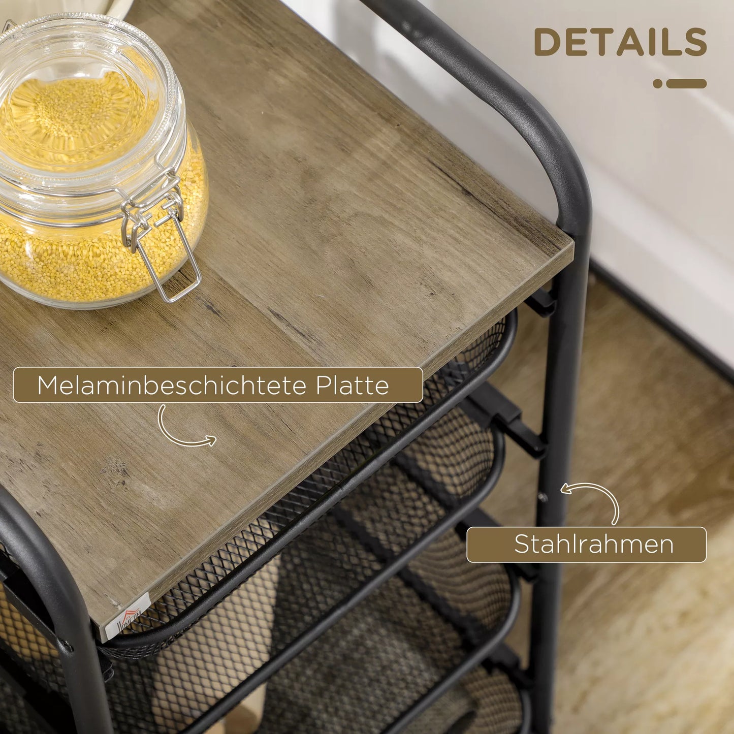 Vežimėlis su 4 krepšeliais, virtuvės vežimėlis, 4 ratai su 2 stabdžiais, universalus vežimėlis, juodas, 41,5 x 31 x 66 cm