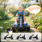 Moteris padeda berniukui važinoti mėlynu pedaliniu kartingu parke