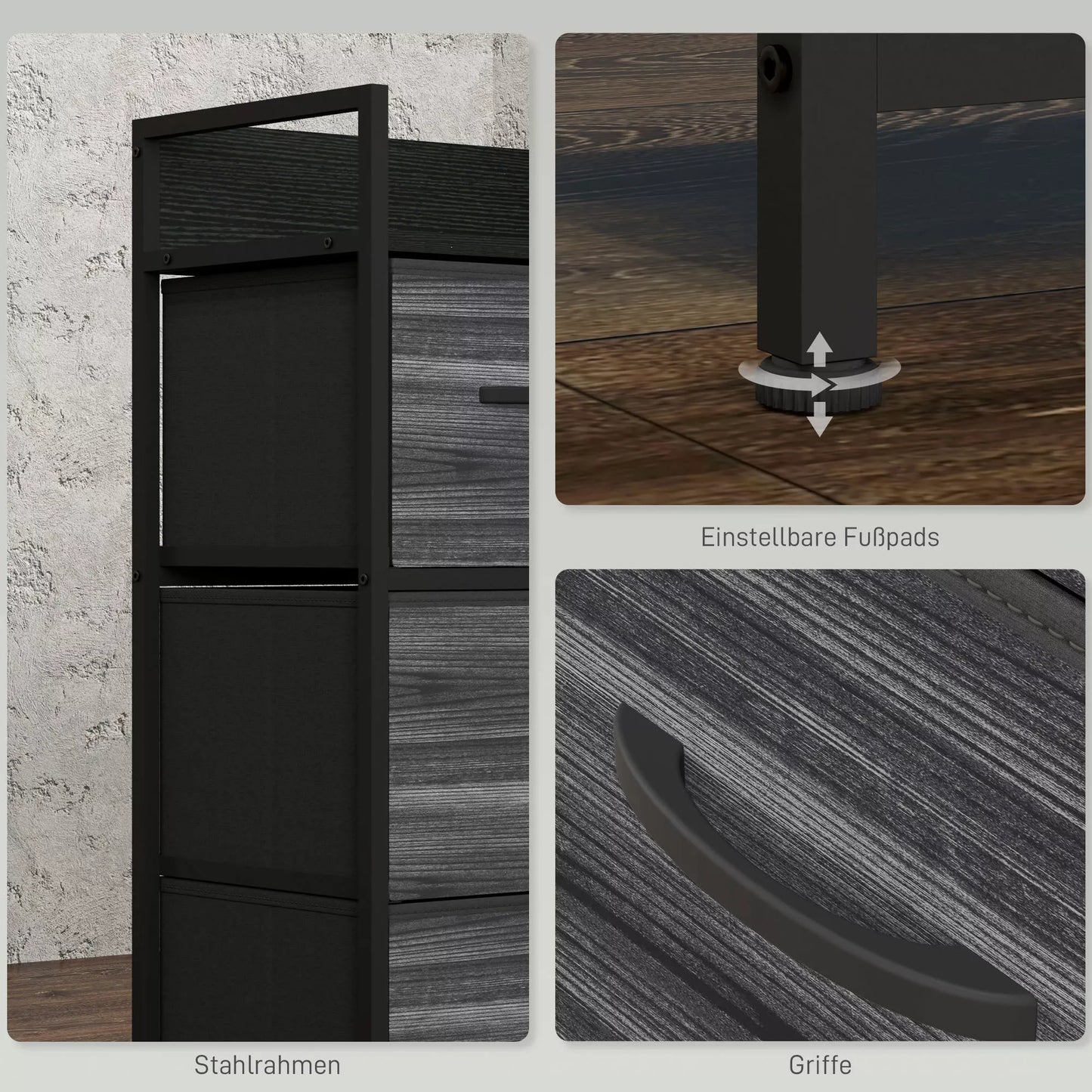 Industrinio stiliaus komoda, keturių medžiaginių stalčių spintelė su metaliniu rėmu, plienas ir tekstilė, mdf, 60x29x85 cm, juoda