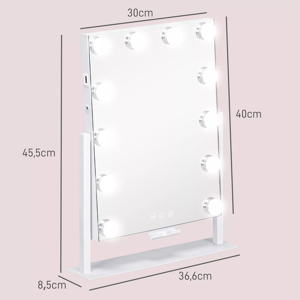 LED kosmetinis veidrodis, 3 apšvietimo režimai, reguliuojamas apšvietimas, jutiklinis valdymas, USB, 37x46 cm, baltas