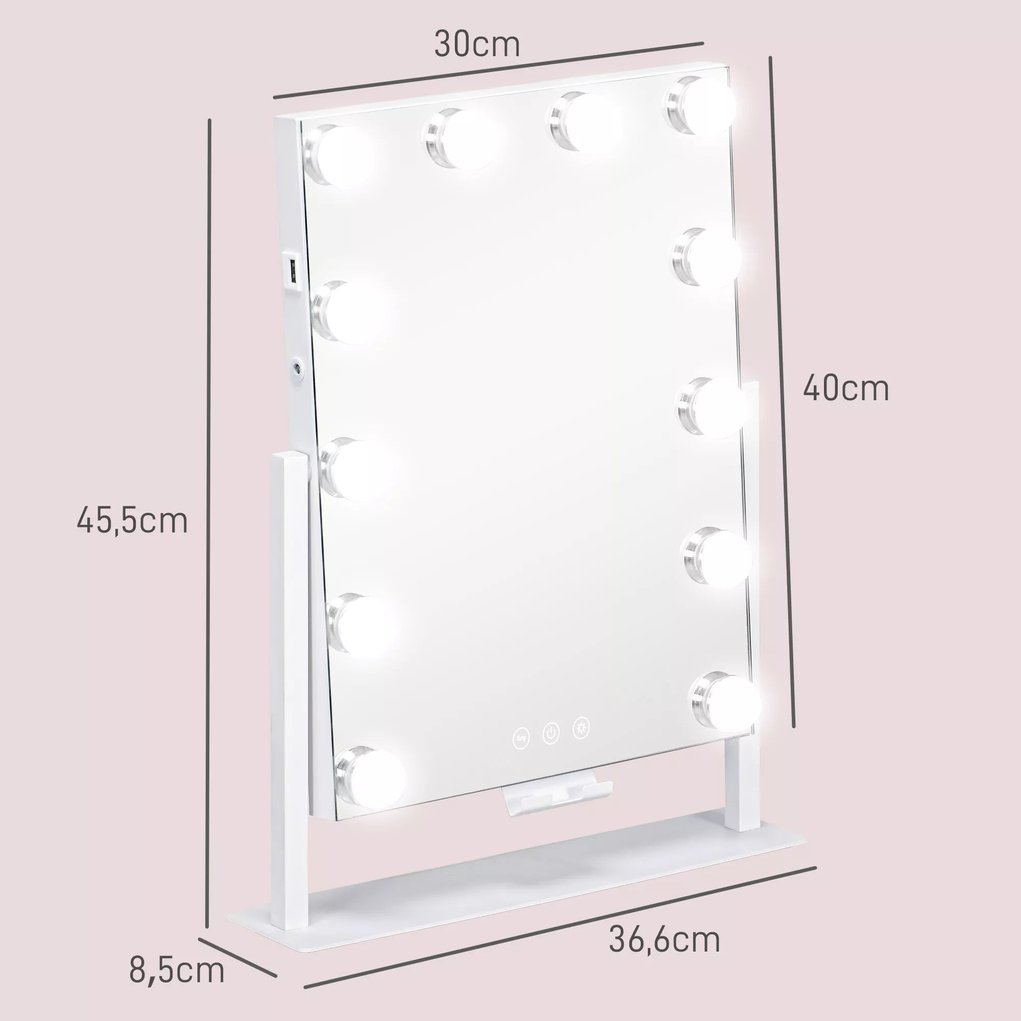 LED kosmetinis veidrodis, 3 apšvietimo režimai, reguliuojamas apšvietimas, jutiklinis valdymas, USB, 37x46 cm, baltas