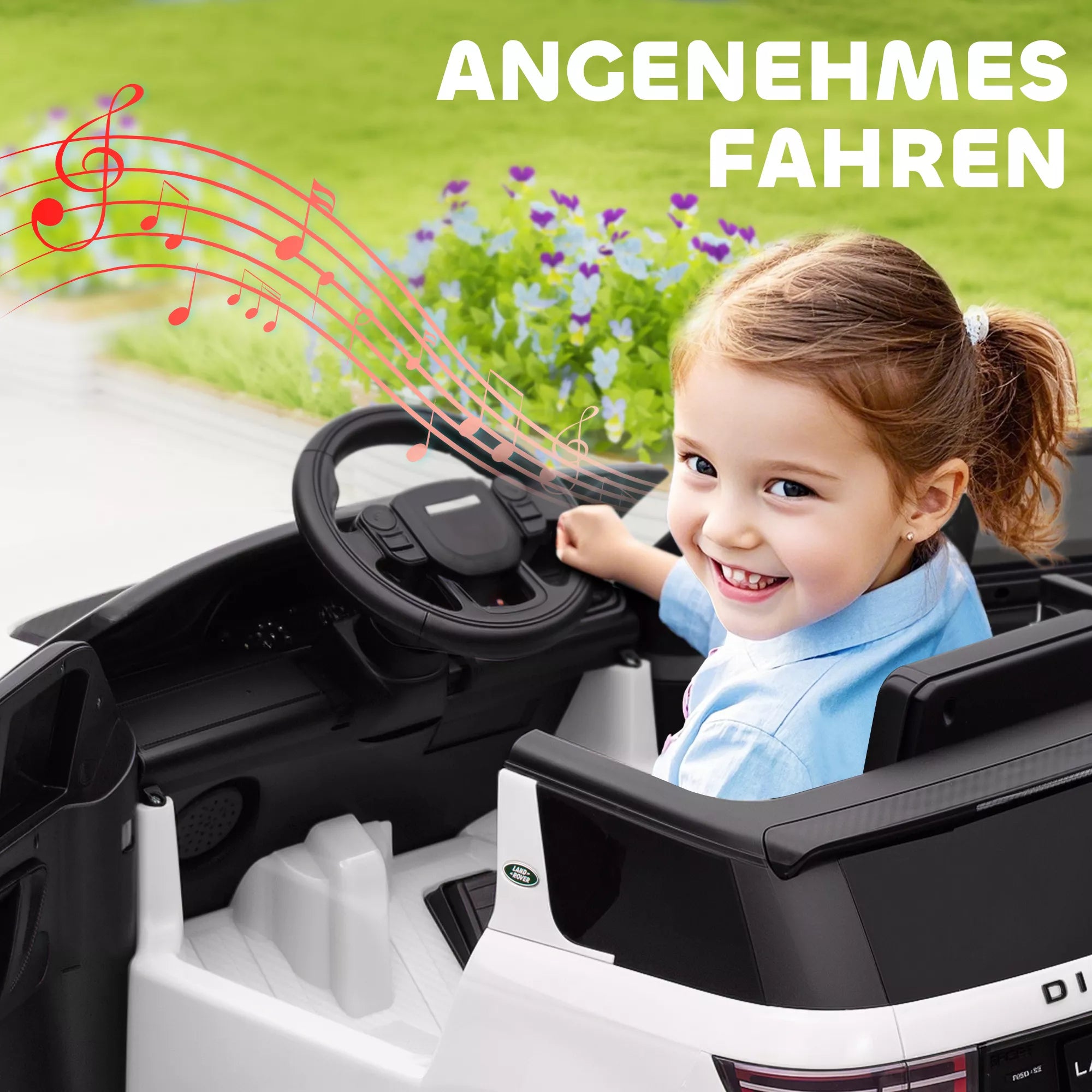 Mergaitė prie balto elektromobilio vairo, grafika apie muziką