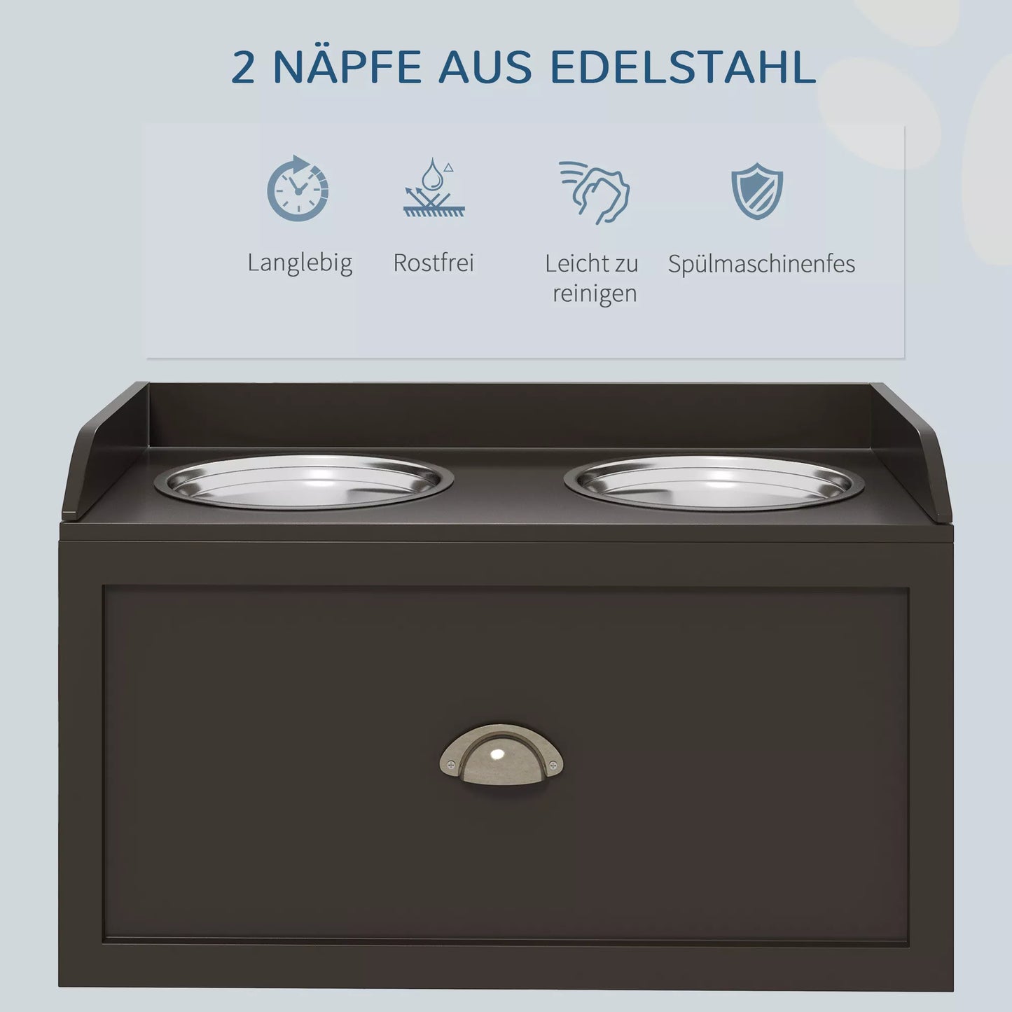 Paaukštinta šėryklos stotelė su 2 dubenėliais, 2 nerūdijančio plieno dubenys, 1 daiktadėžė, 60 x 30 x 36 cm, ruda