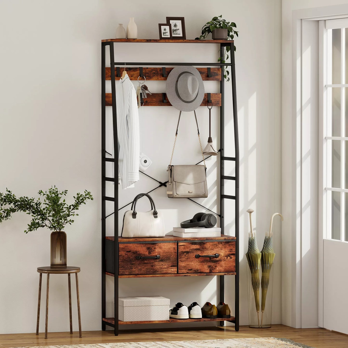 Drabužių kabykla su batų lentyna, palto stovas su suoliuku, 10 kabliukų, 2 audinių stalčiai, drabužių strypas, medžio drožlių plokštė, metalas, ruda