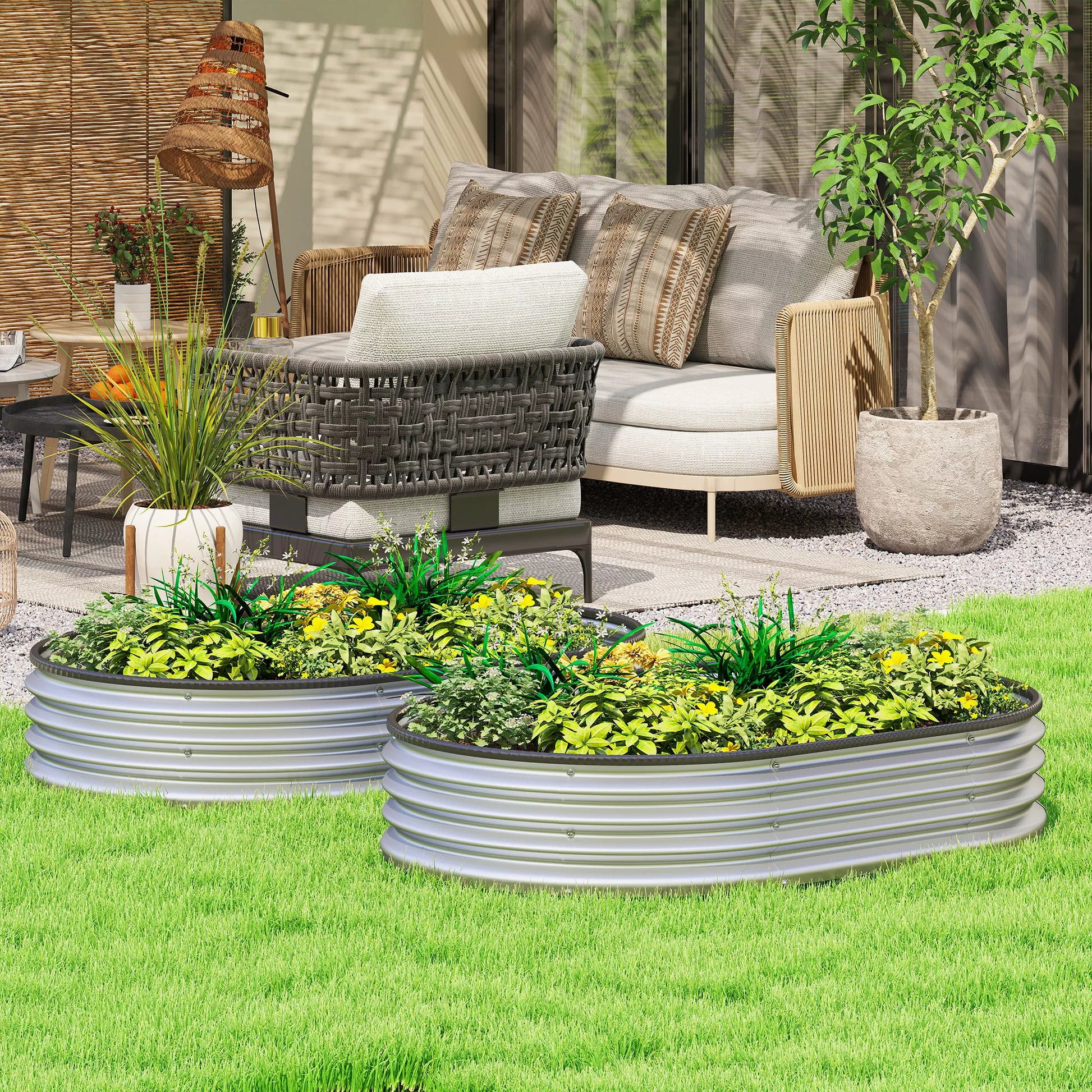 Metalinė pakelta lysvė su guminėmis apsauginėmis juostomis, ovalių augalų dėžių rinkinys, plienas, 135 x 90 x 30 cm, pilka