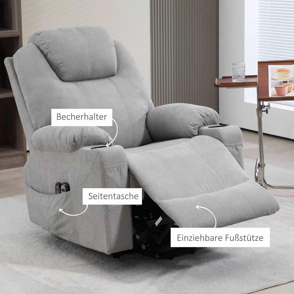 Funkcinis fotelis su masažo funkcija, pakėlimu ir šildymu, šviesiai pilkas