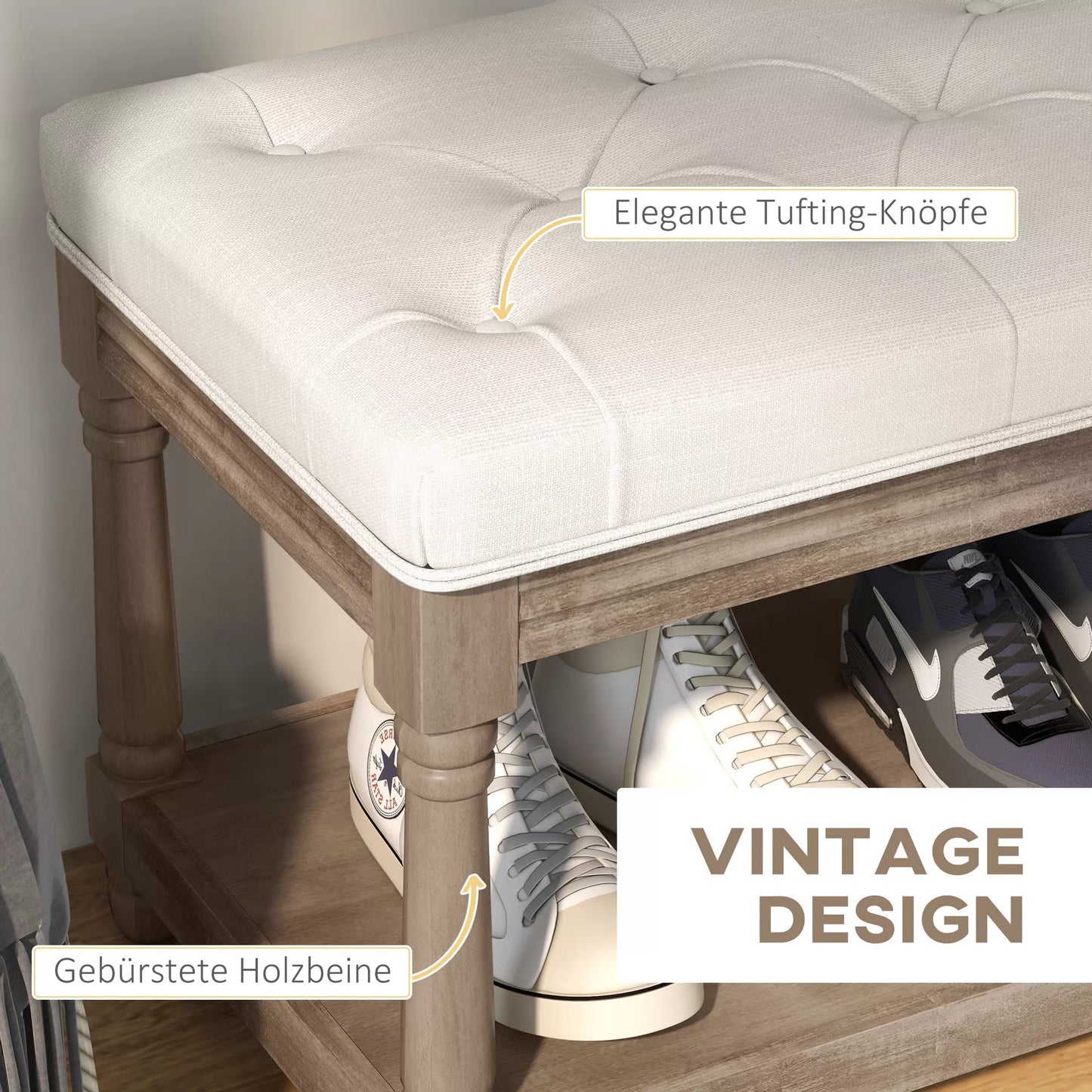 HOMCOM Suoliukas su daiktadėže, vintažinio dizaino, su sagčių apdaila, pagamintas iš kaučiukmedžio, 115x40x48cm, kreminės baltos spalvos