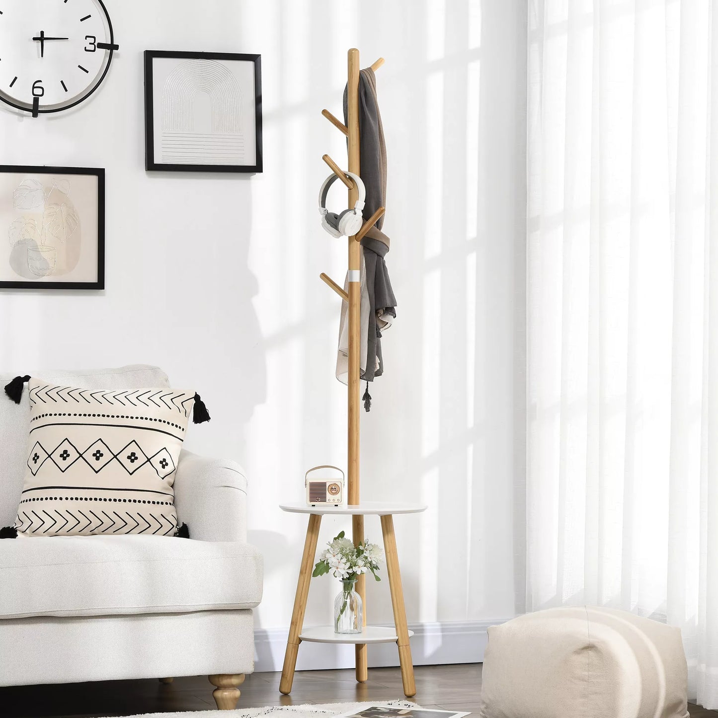 Drabužinė kabykla su staliuku, "Skandi" dizainas, 5 drabužių kabliukai, 39,5 cm x 39,5 cm x 171 cm, natūrali spalva + balta