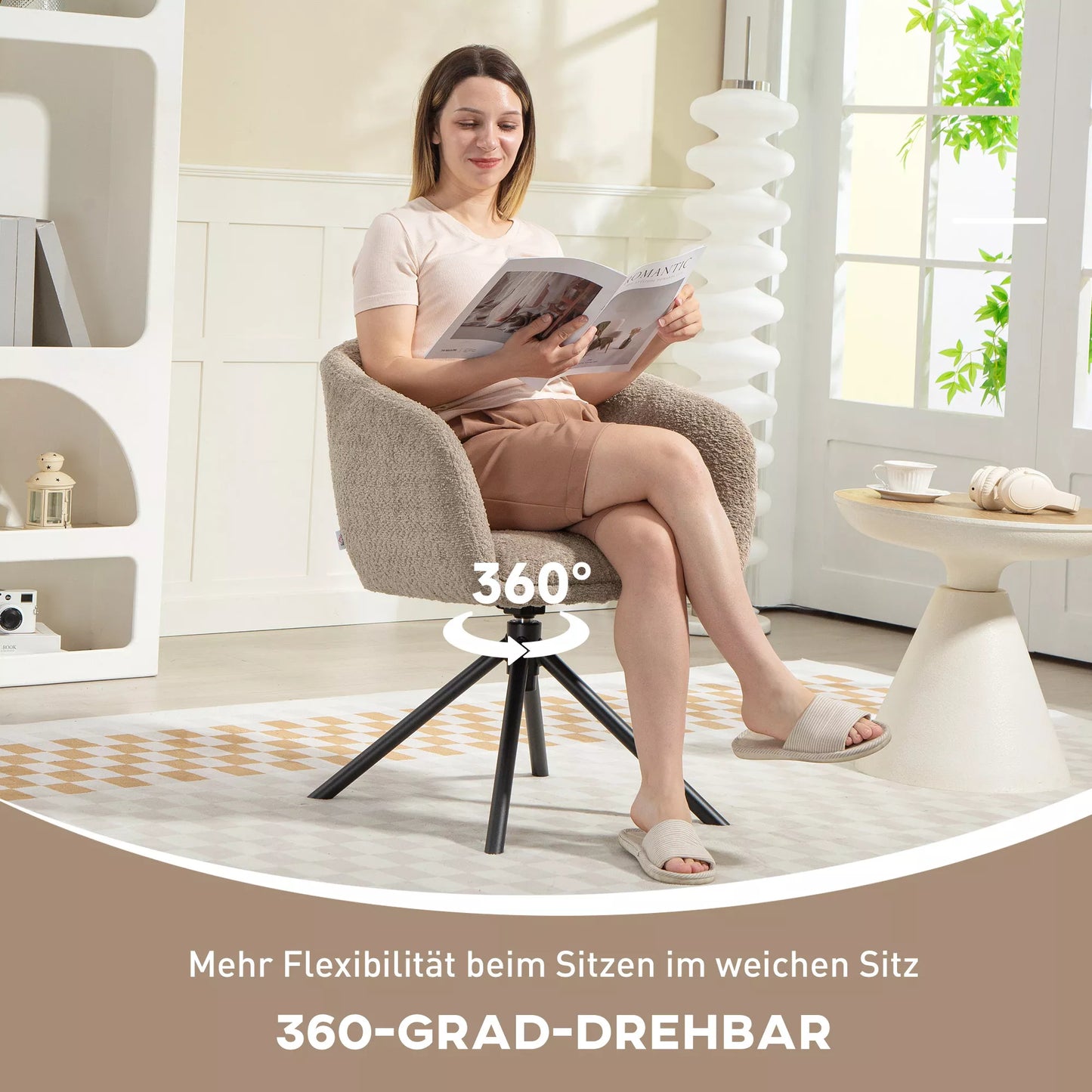 Fotelis, minkštasis krėslas su patogia sėdimąja dalimi, sukamasis, jaukus apmušalas, iki 120 kg, šviesiai rudas