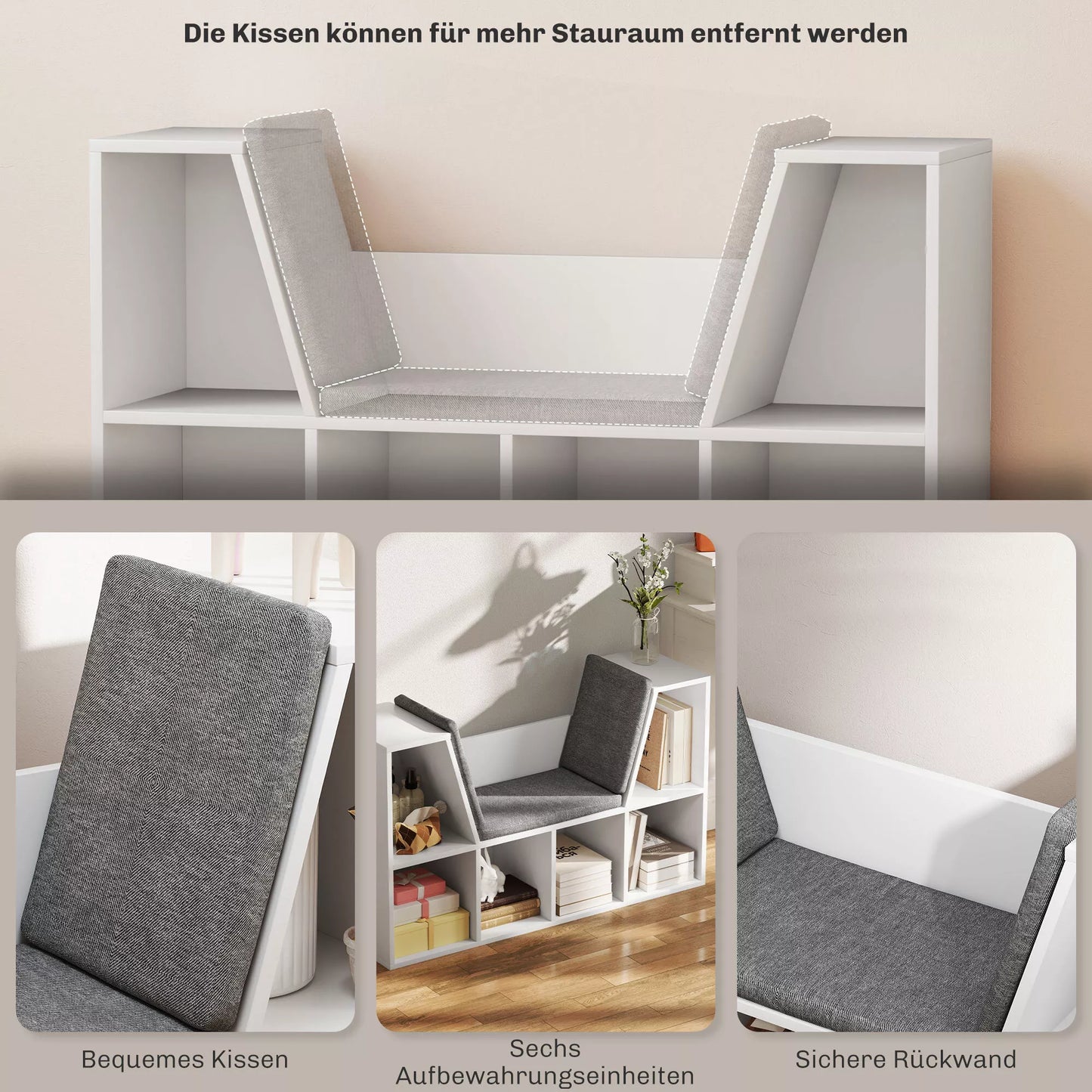 Knygų lentyna su sėdimoji vieta, 6 skyriai, paminkštinta, 105 x 30 x 63 cm, balta