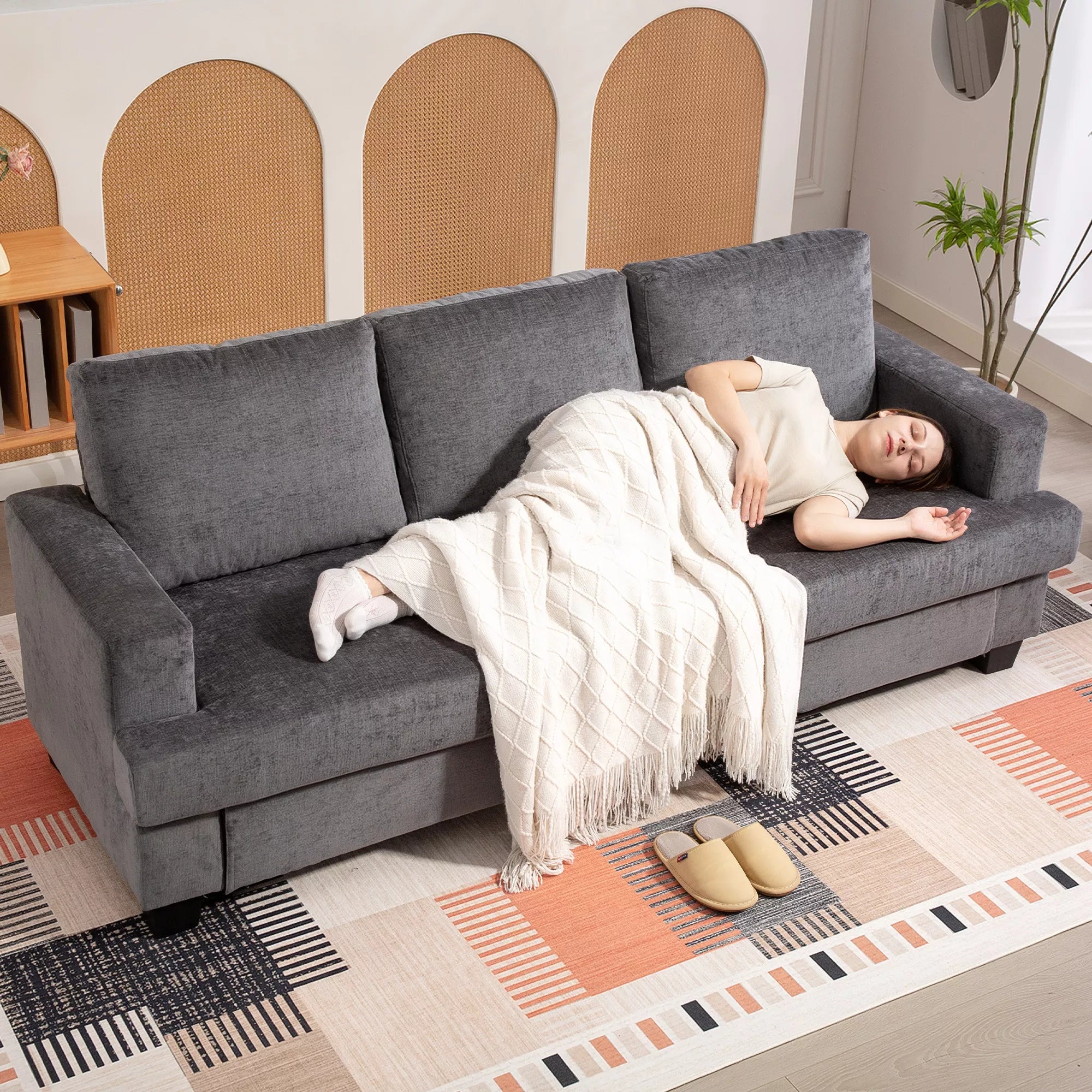 Trivietė sofa, poliesterio apmušalas, pilka