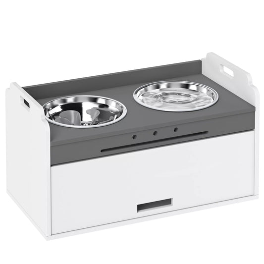 Šunų dubuo, pakeltas maisto dubuo su laikymo spintele, 2 dubenėliai su neslystančiais žiedais, 60 x 30 x 35,5 cm, baltas