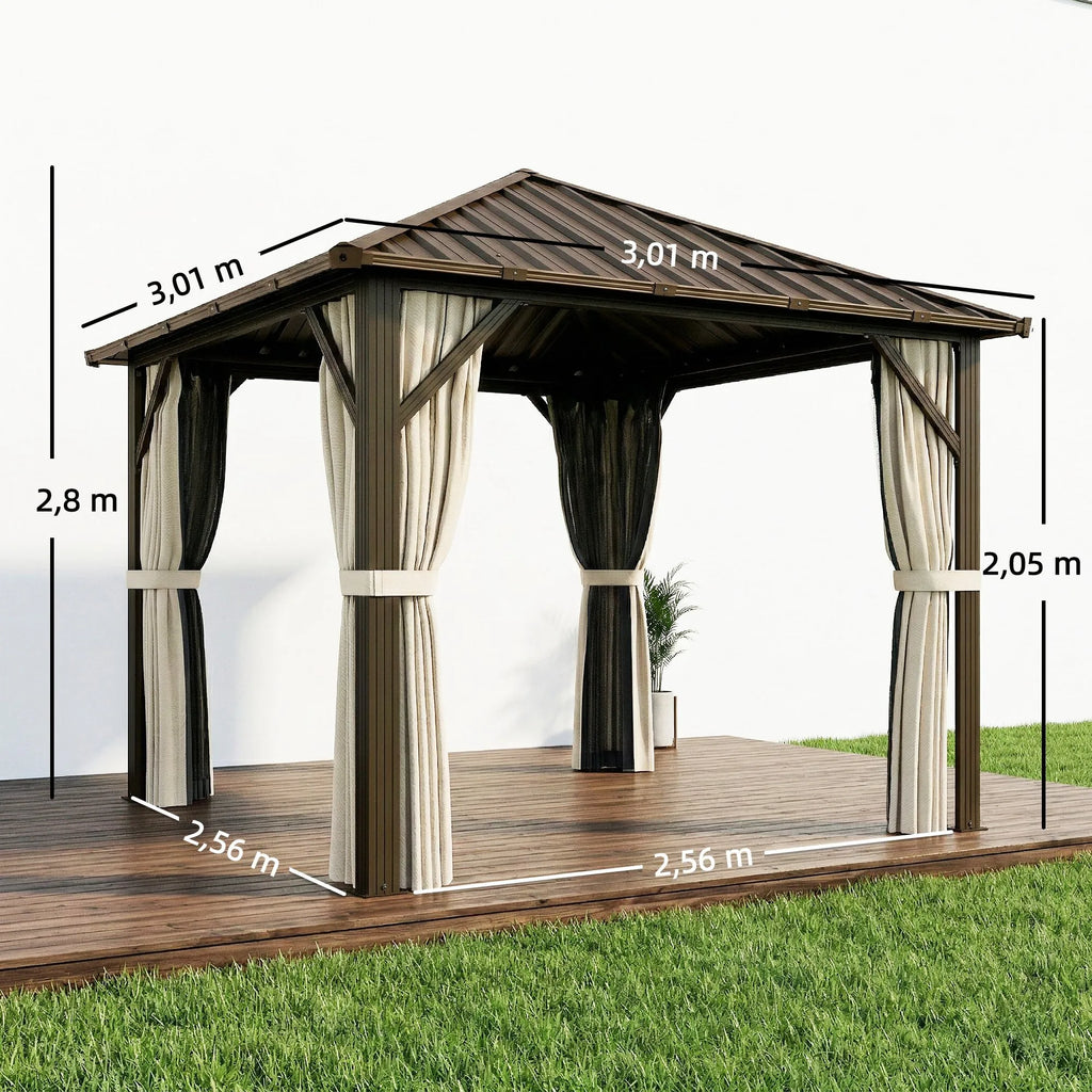 Sodo paviljonas, maždaug 3 x 3 m, aliuminis, su plieniniu stogu, kietu stogu, moskitų tinklu, 4 šoninėmis sienelėmis, UPF50+