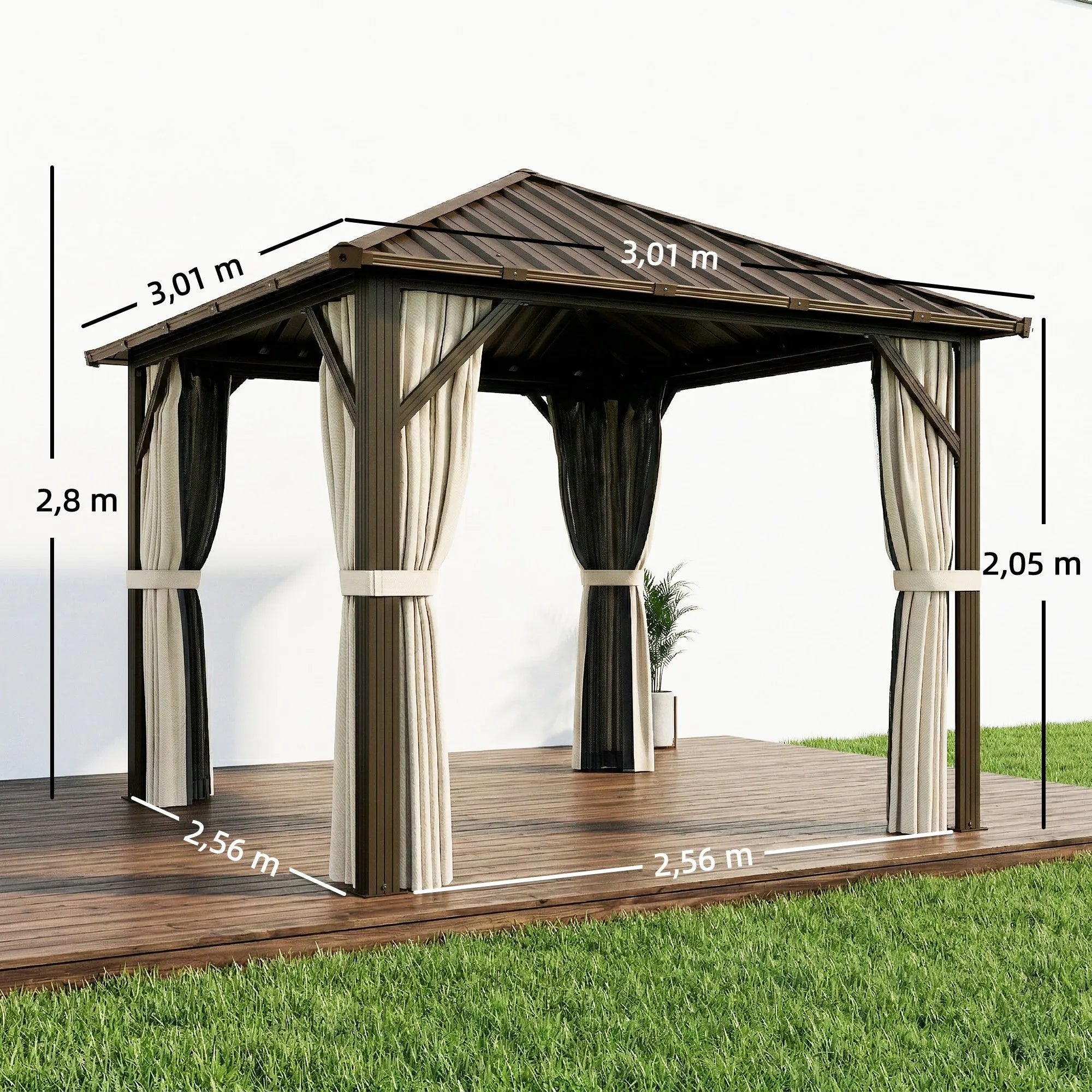 Sodo paviljonas, maždaug 3 x 3 m, aliuminis, su plieniniu stogu, kietu stogu, moskitų tinklu, 4 šoninėmis sienelėmis, UPF50+