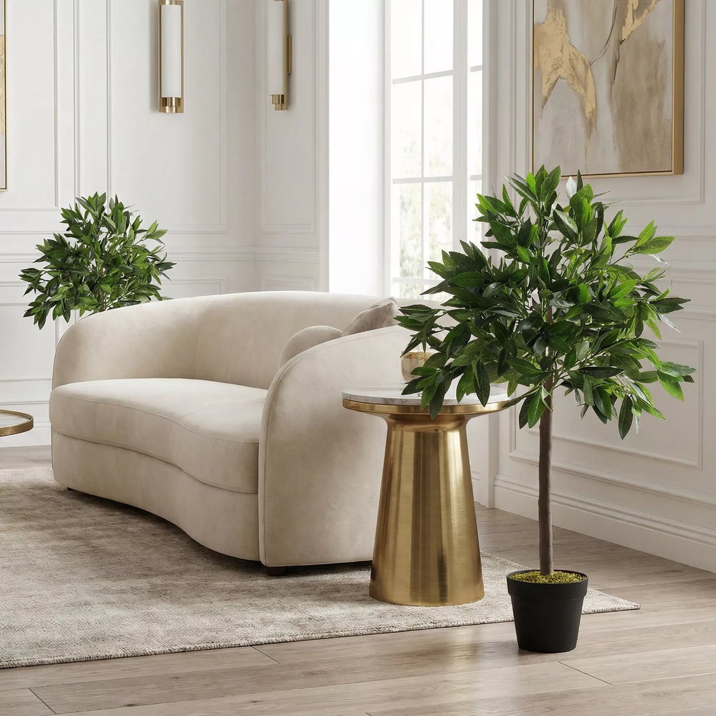 2 vnt. dirbtinių laurų medžių rinkinys, 90 cm, dirbtiniai augalai cementiniame vazonėlyje, plastikiniai augalai vidaus ir lauko naudojimui, žali