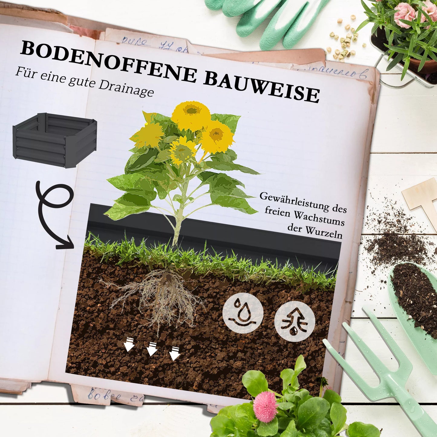 Aukštas lysvė su grotelėmis Plokščia dėžė su atrama, atviras dugnas, atspari oro sąlygoms, 61 cm x 61 cm x 140 cm, tamsiai pilka