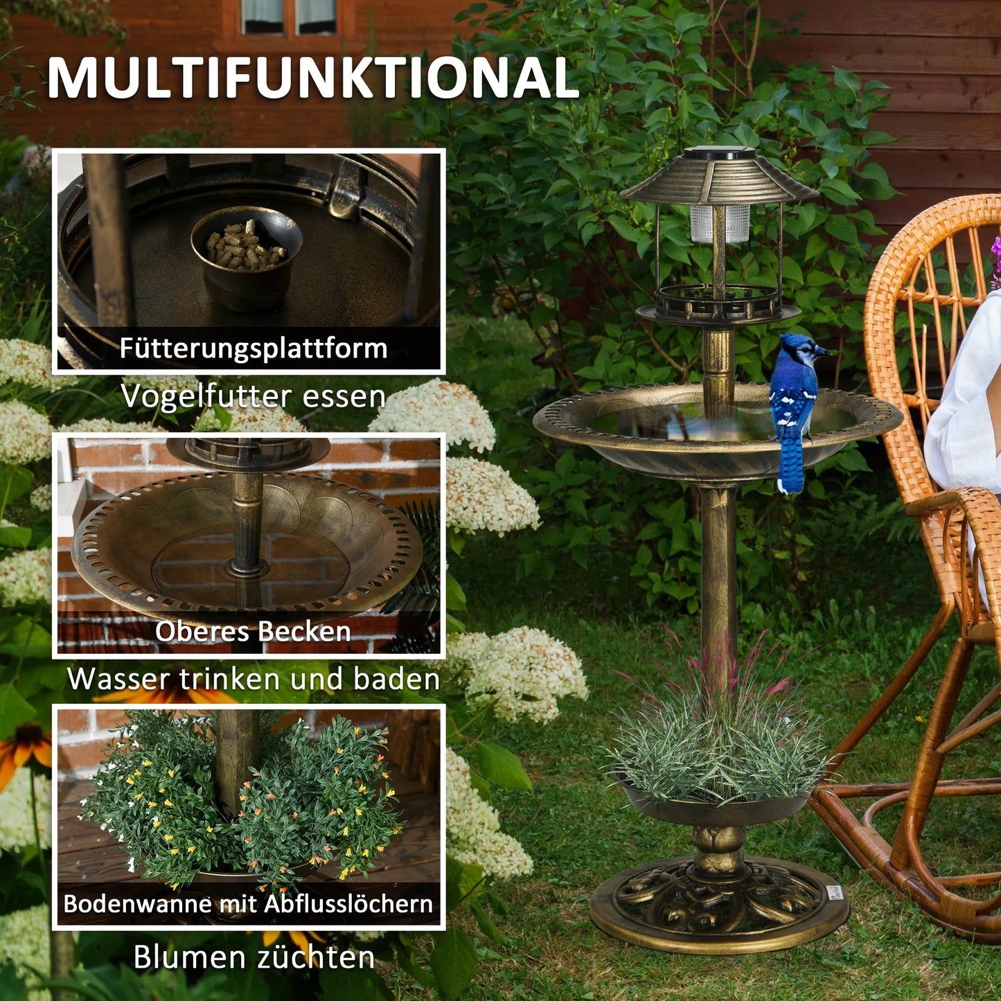 Paukščių girdykla Paukščių namelis Lesyklė, atspari oro sąlygoms, 2 dubenėliai, vintage dizainas, 50 x 50 x 110 cm, bronzos spalvos