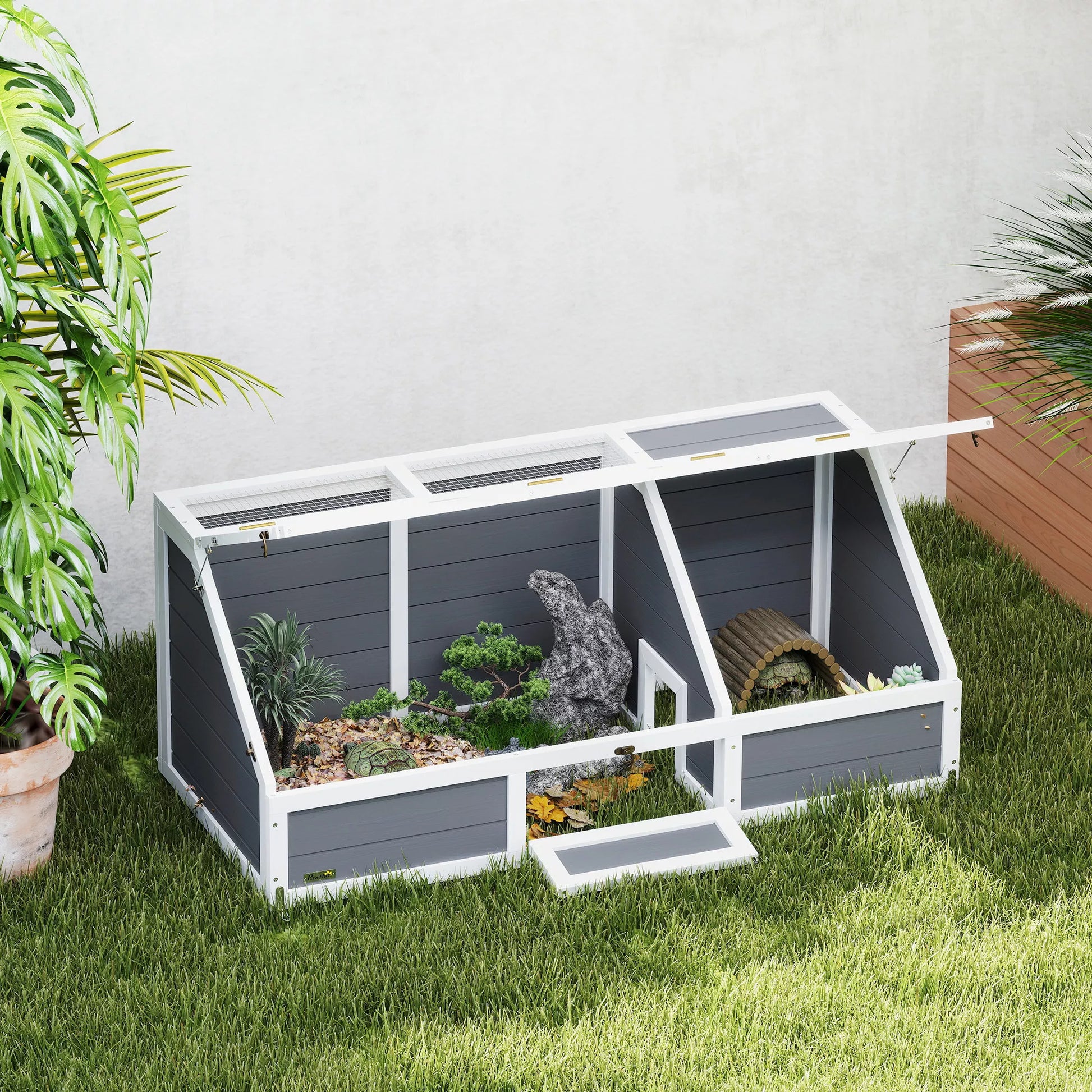 Vėžlių dėžė, lauko vėžlių aptvaras, be dugno, lengvai atidaromas, vėžlių namelis, šviesiai pilkos spalvos