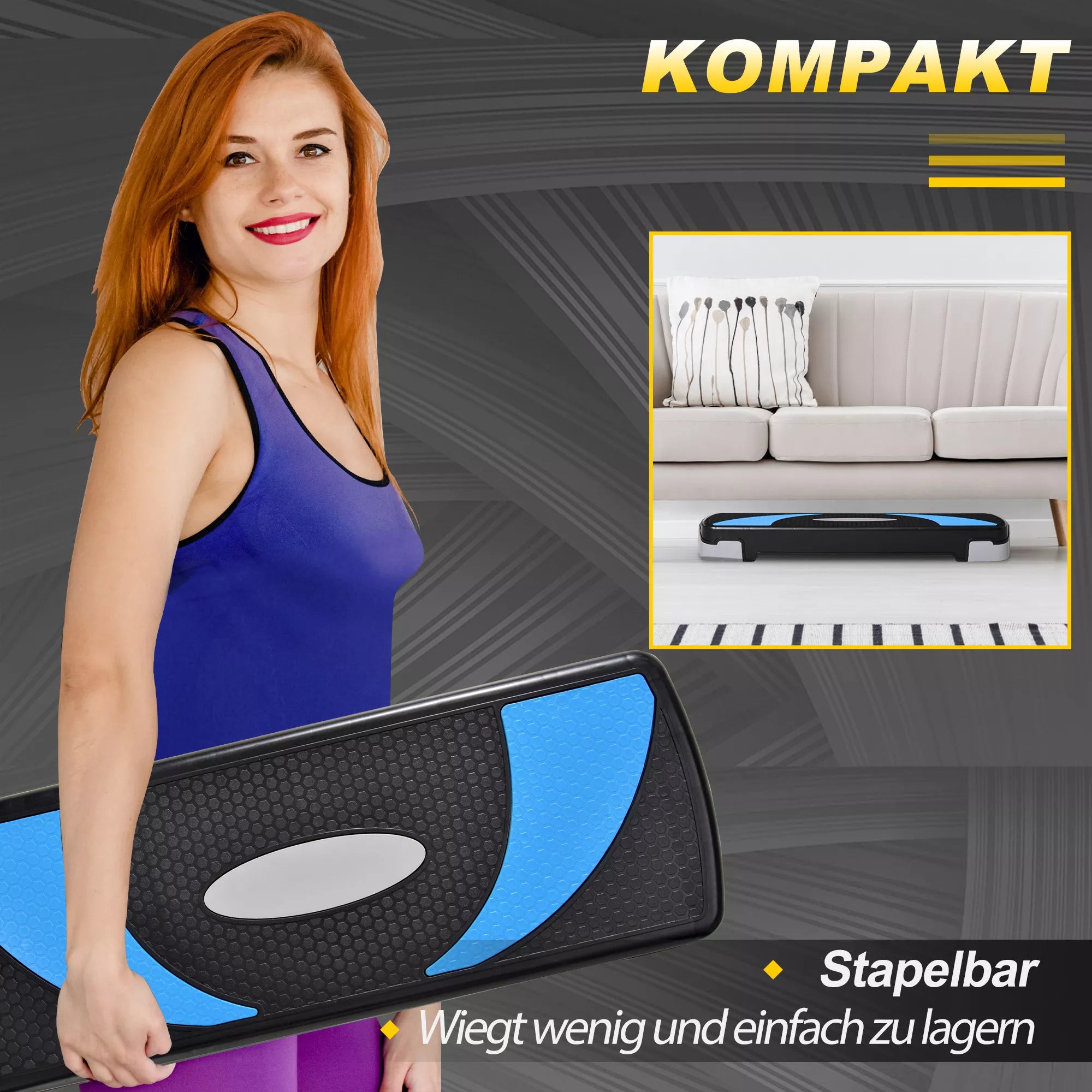 Aerobikos steperis, 3 pakopų aukščio reguliavimas, 80 x 31 x 20 cm, juodas + šviesiai mėlynas + pilkas
