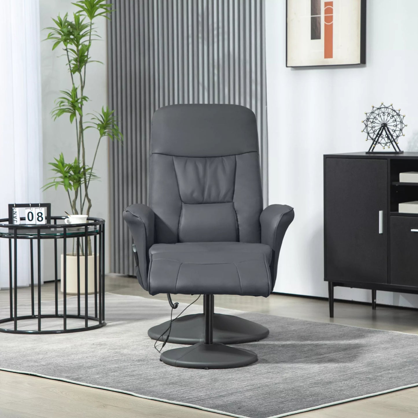 Masažinė kėdė su pėdų atrama, Ergonomiška kėdė su 10 vibracijos taškų, dirbtinė oda, 76 x 81 x 105 cm, tamsiai pilka