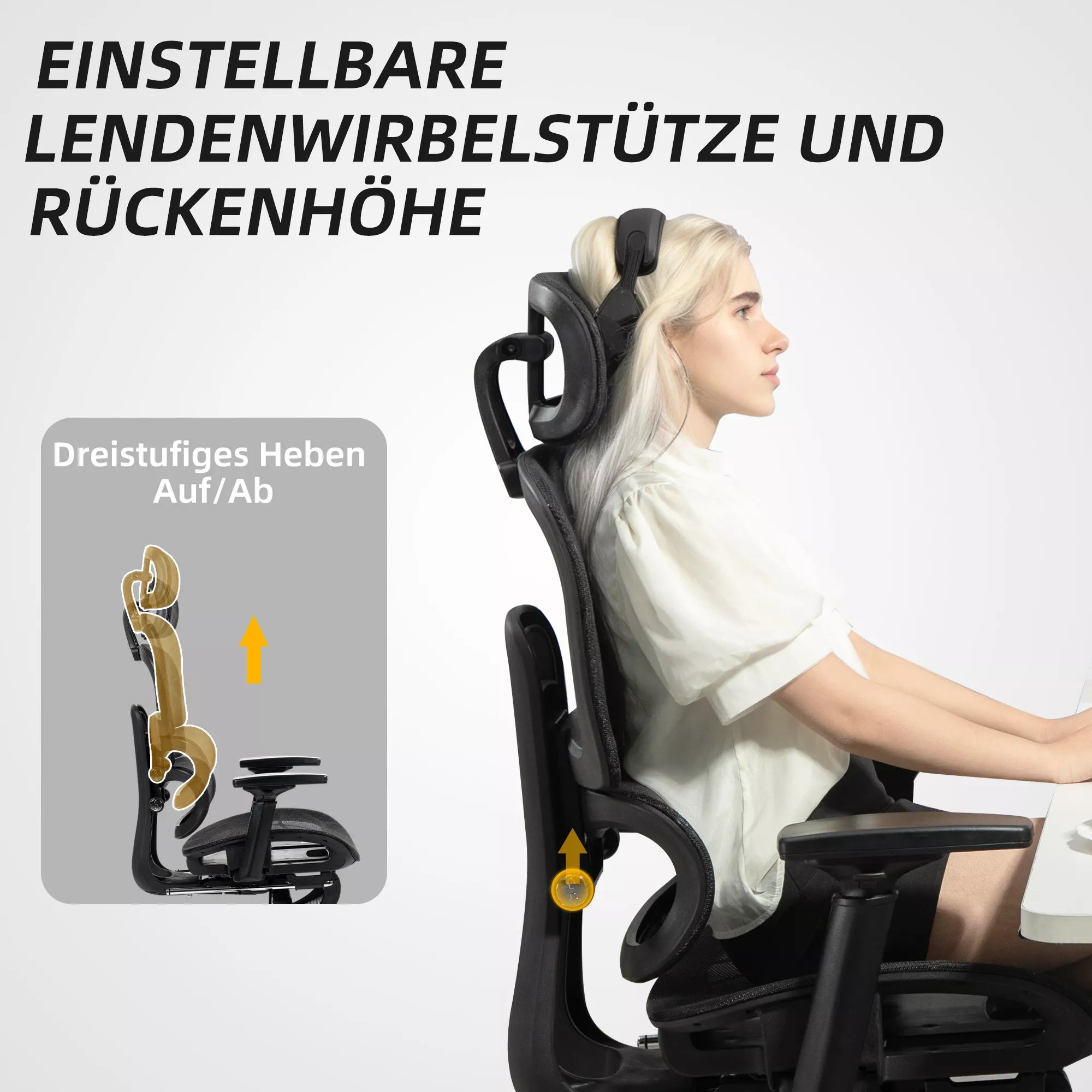 Moteris sėdi juodoje ergonominit biuro kėdėje su rankoje laikydama telefoną