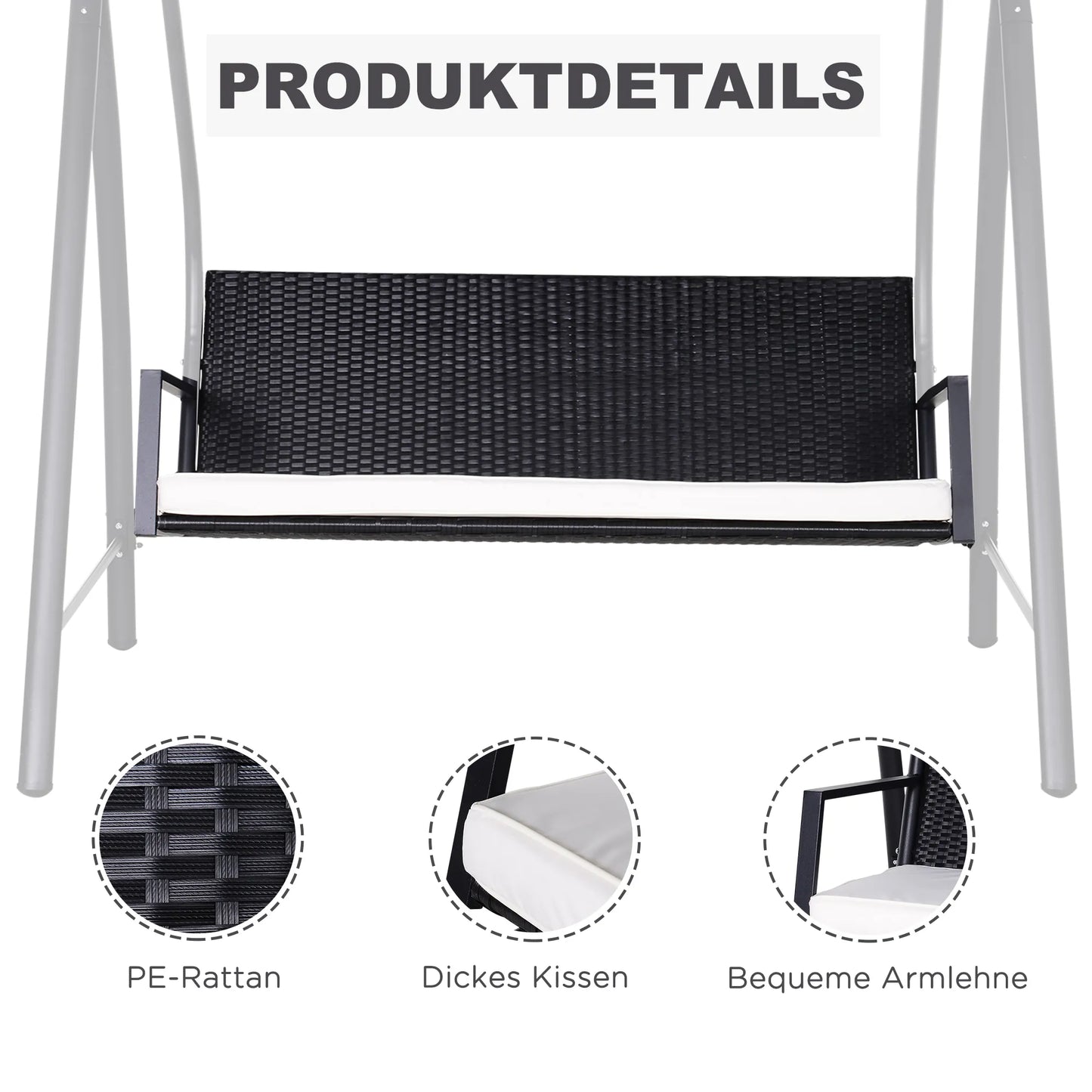 Lauko, sodo sūpynės 3 vietos iš polirattanų Sodo sūpynės su reguliuojamu saulės stogu Saulės apsauga Sėdimoji pagalvėlė Pakabinama suolelė, atlaikanti iki 360 kg Pakabinamos sūpynės sodui 198x124x179 cm Juodos spalvos