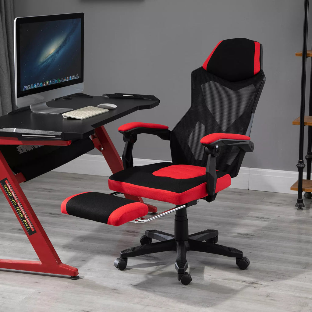 Ergonomiška biuro kėdė, žaidimų kėdė, sukiojama kėdė su atrama kojoms, kompiuterio kėdė, vadovo kėdė,  reguliuojamo aukščio, poliesteris, juoda + raudona, 58 x 63 x 112–122 cm
