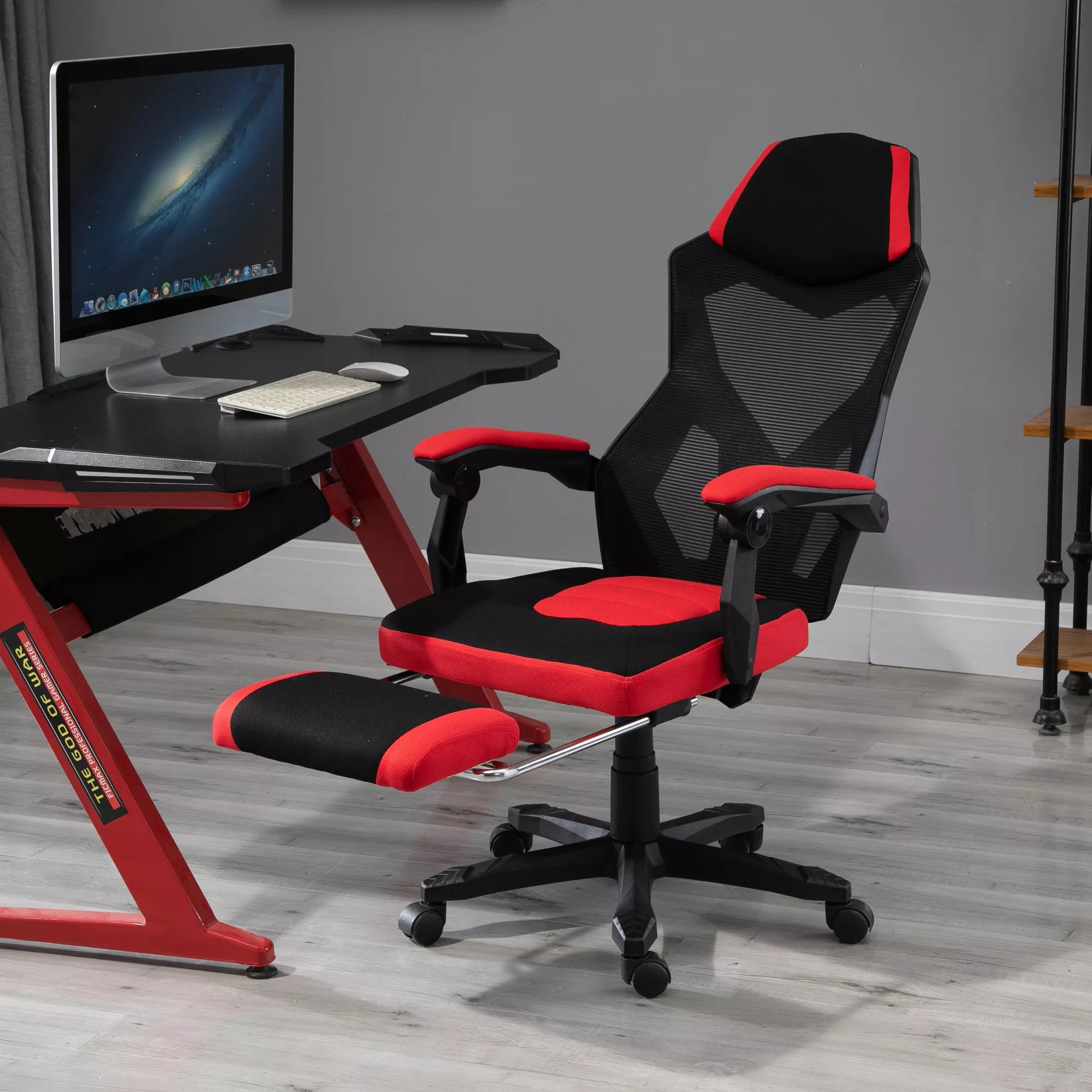 Ergonomiška biuro kėdė, žaidimų kėdė, sukiojama kėdė su atrama kojoms, kompiuterio kėdė, vadovo kėdė,  reguliuojamo aukščio, poliesteris, juoda + raudona, 58 x 63 x 112–122 cm