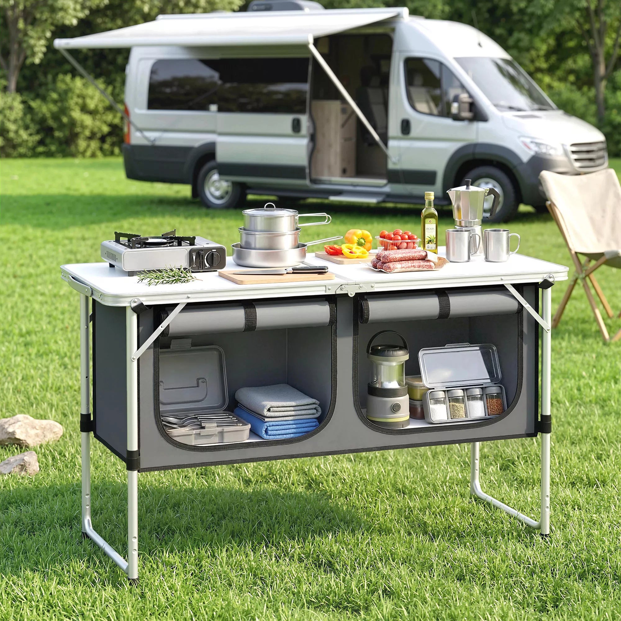 Sulankstoma kempingo virtuvė su aliuminio rėmu, daiktų laikymo skyriumi ir darbo paviršiumi, skirta kempingui ir kelionėms, sidabrinė