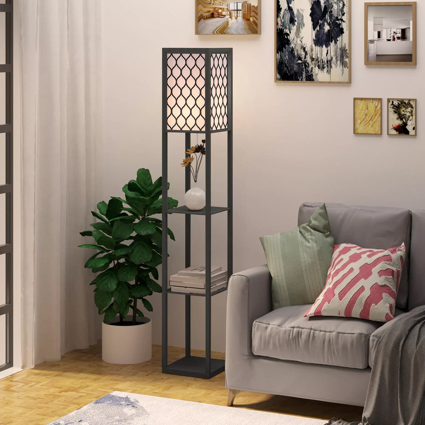 Stovinti lempa svetainė su lentyna, stovinti lempa su E27 lizdu, skirta svetainėms ir miegamiesiems, be lemputės