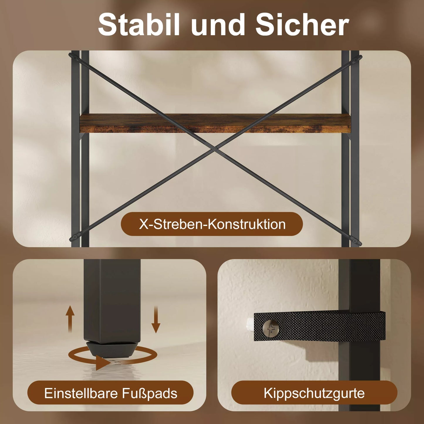 Knygų lentyna, 5 lygiai, metalas, melamino paviršius, ruda