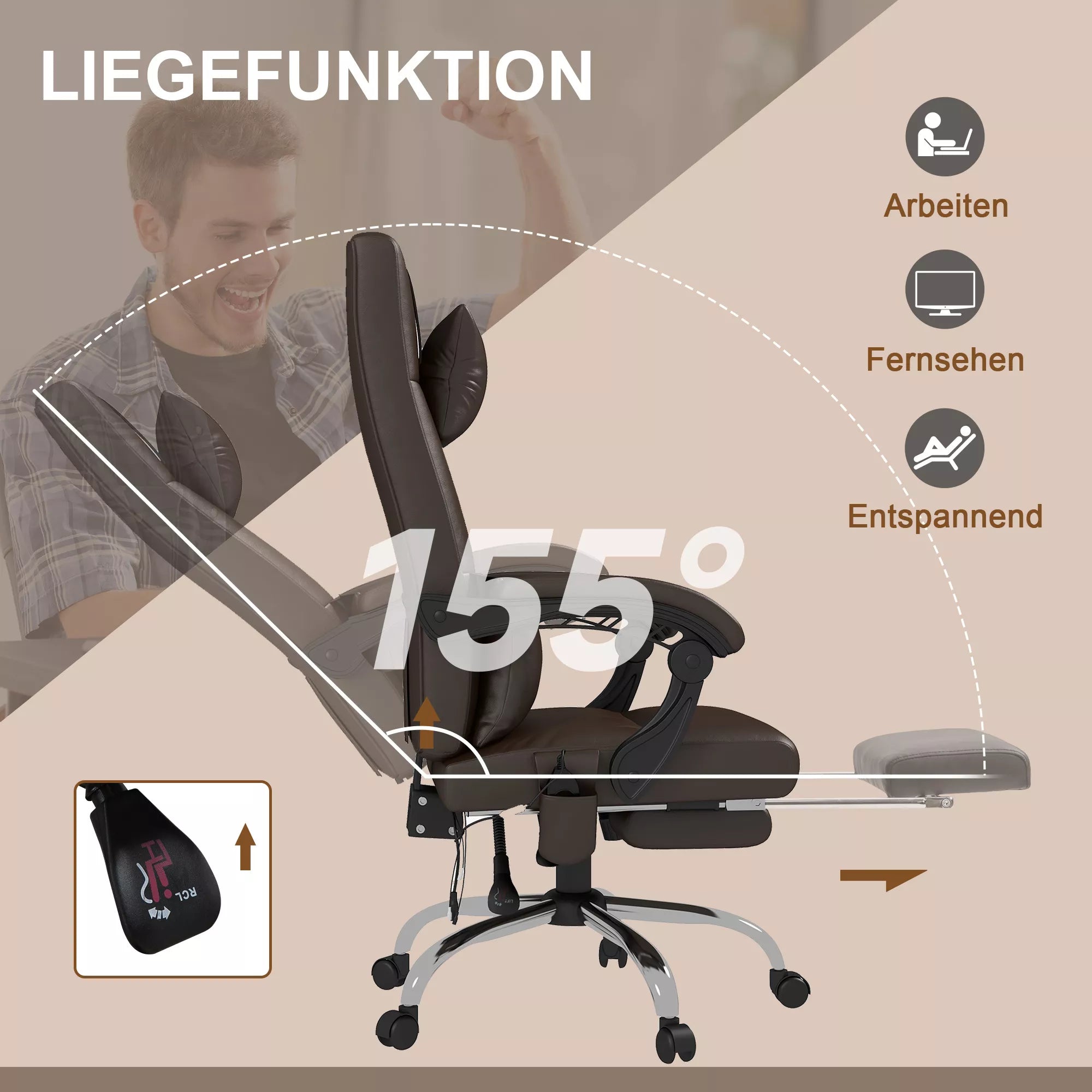 Biuro kėdė su masažo funkcija, ergonomiška darbo kėdė su atlošimo funkcija, pagalvė, reguliuojamas aukštis, ruda