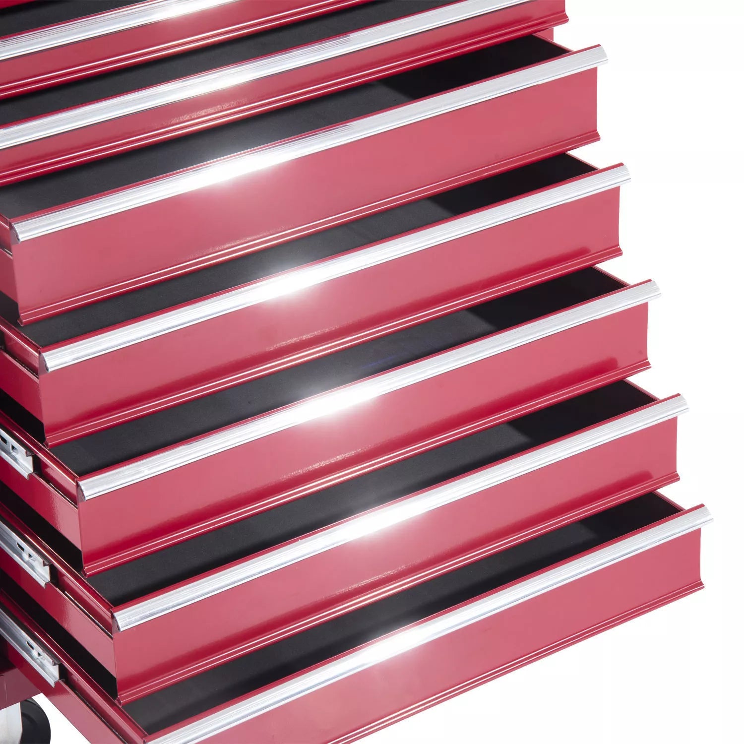 Serviso vežimėlis su įrankių dėže, tuščias užrakinamas įrankių vežimėlis su stalčiais, įrankių skyrius, raktai ir neslystančios kilimėliai, raudonas