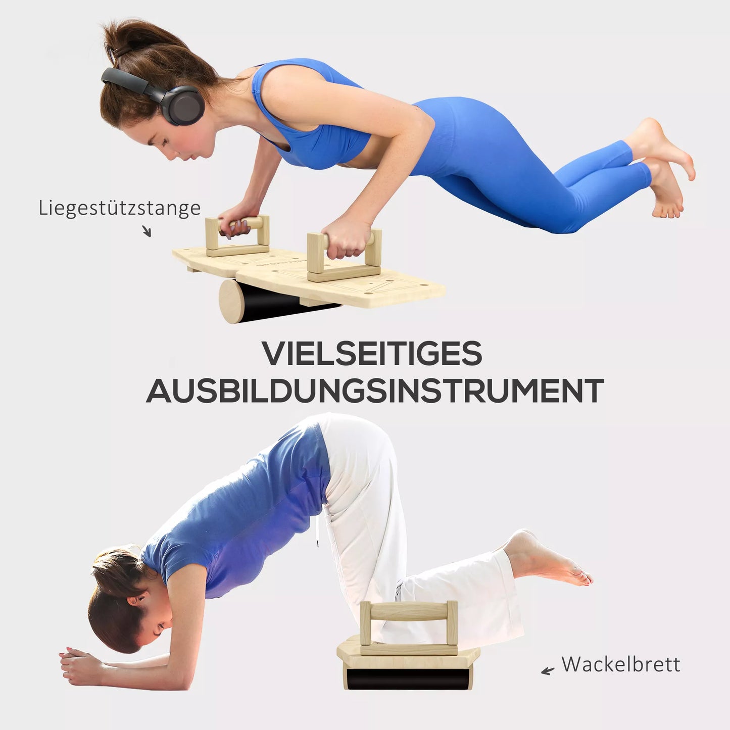 Rinkinys stovų atsispaudimams, rankenos atsispaudimams su treniruočių lenta ir pasipriešinimo juostomis, medinis