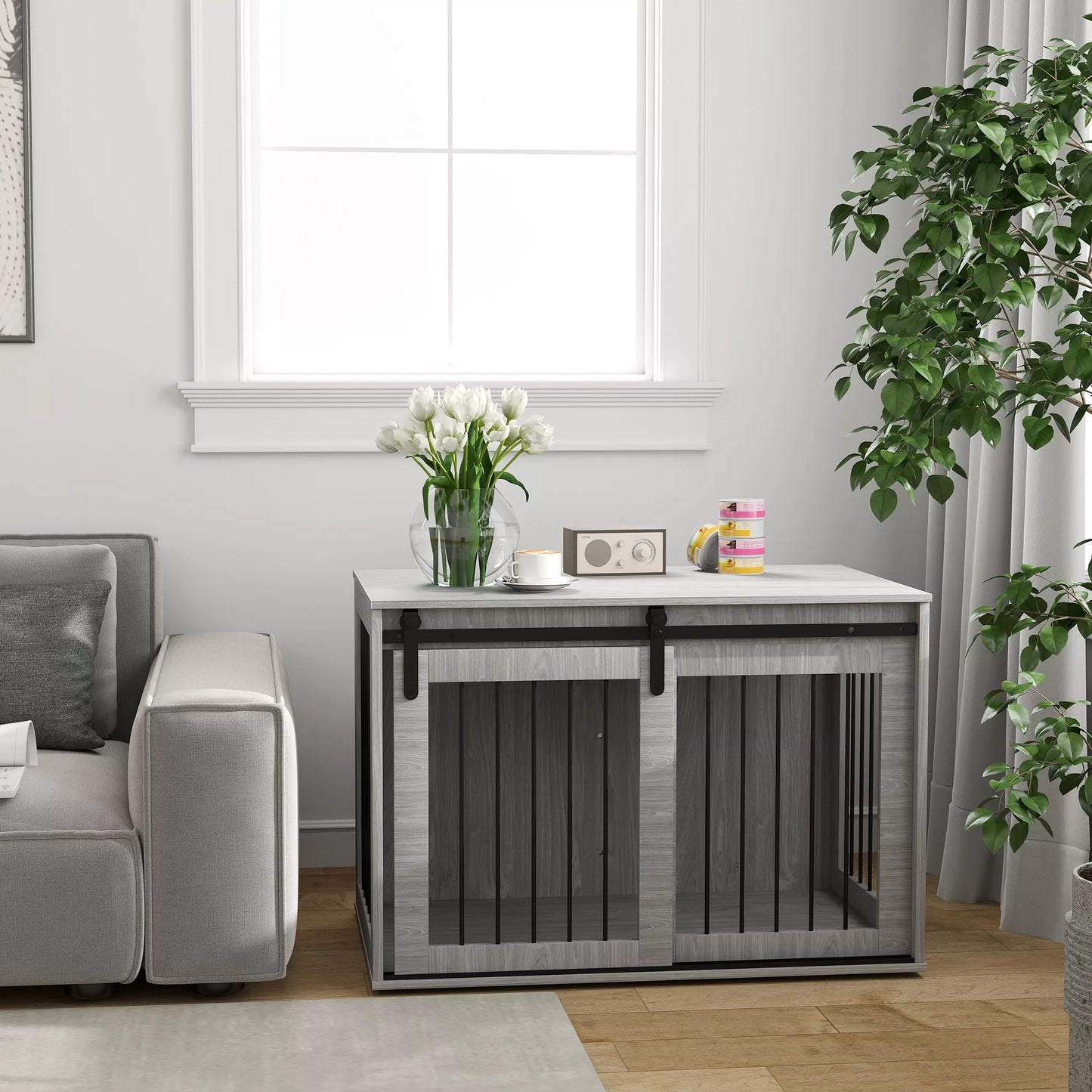 Šunų transportavimo dėžė su stumdomomis durimis, ventiliacija, iš medžio drožlių plokštės ir plieno, 98 x 58 x 61 cm, pilka