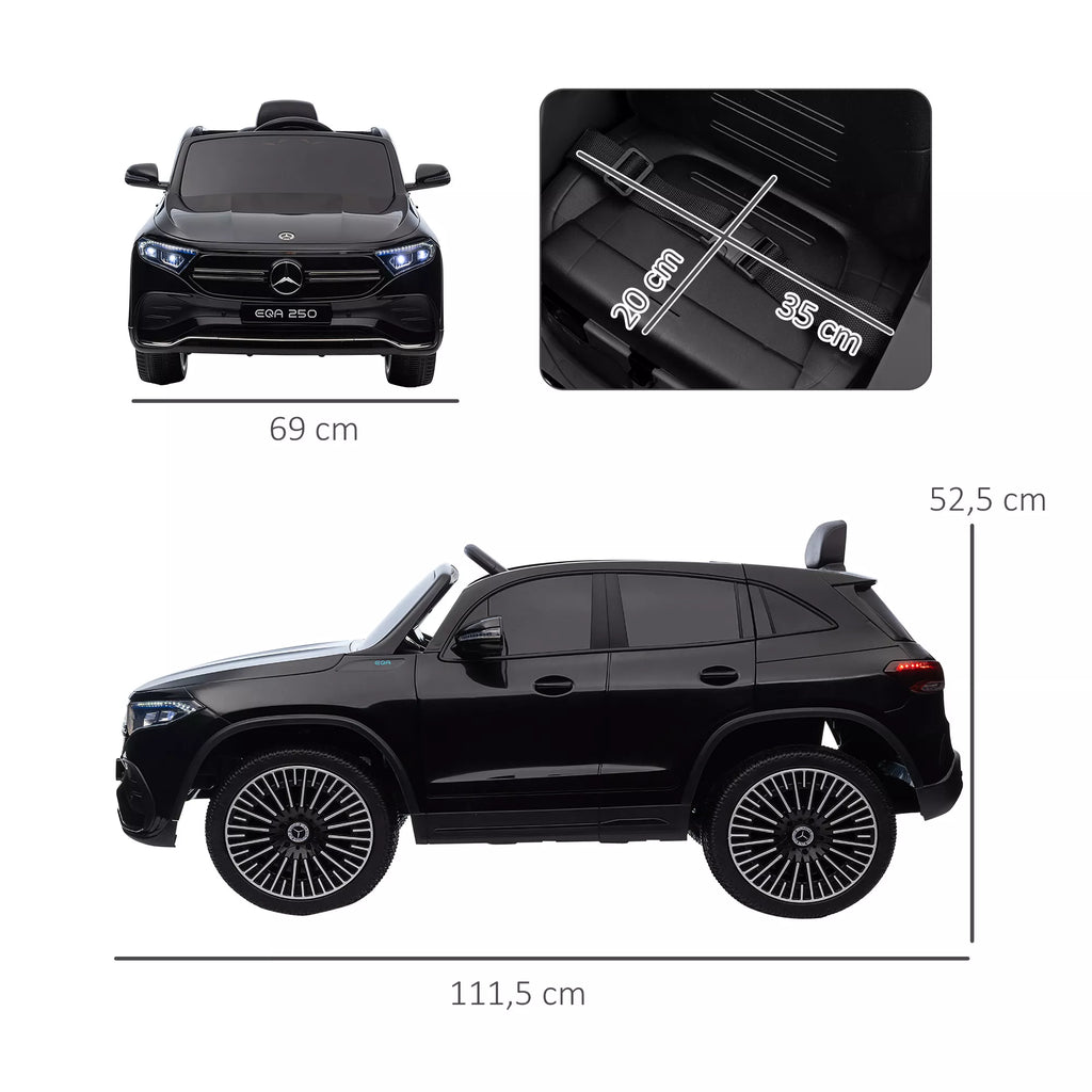 Elektrinis vaikų automobilis, licencijuotas „Mercedes-Benz EQA“, 3–8 km/h, muzika, žibintai, signalas, nuotolinis valdymas, juodos spalvos
