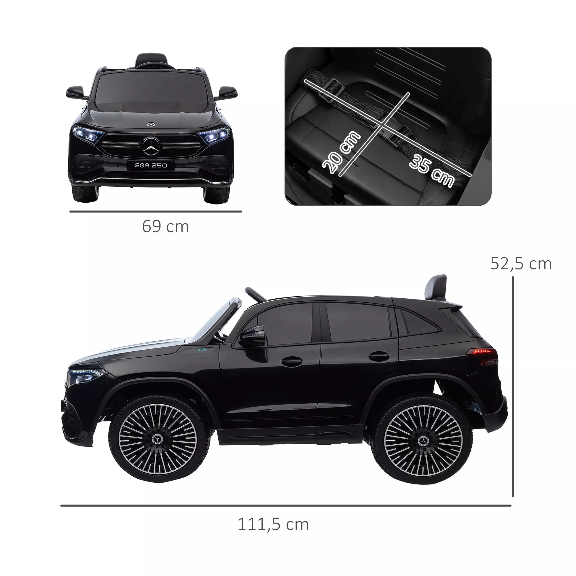 Elektrinis vaikų automobilis, licencijuotas „Mercedes-Benz EQA“, 3–8 km/h, muzika, žibintai, signalas, nuotolinis valdymas, juodos spalvos
